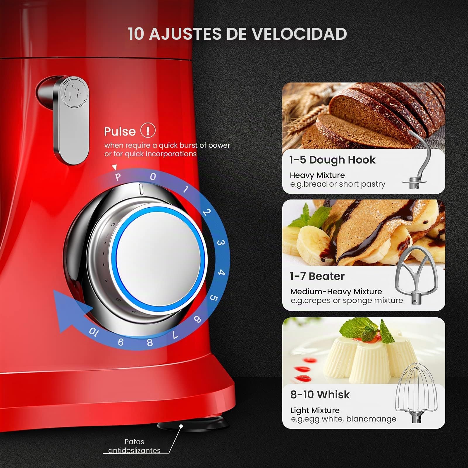 4,5L Batidora Amasadora, 10 Velocidades Robot de Cocina Multifuncional, Batidora de Cocina Potente Bajo Ruido, Amasador, Batidor Varillas, Red