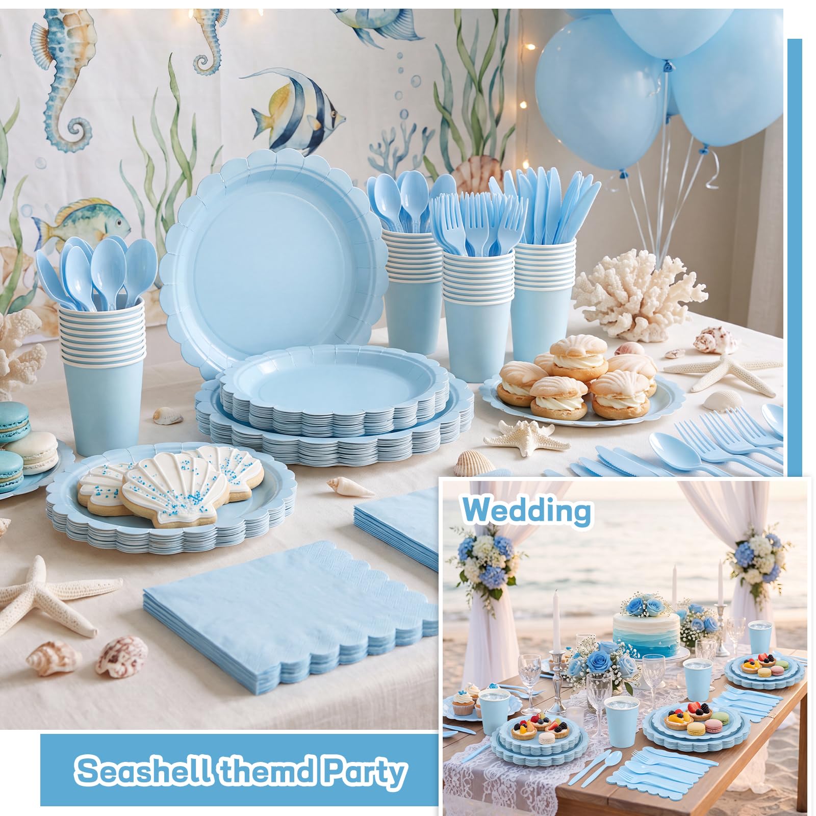 Amazon.com: Xiangqu 25 Set Blue Plates and Napkins Scalloped Light
