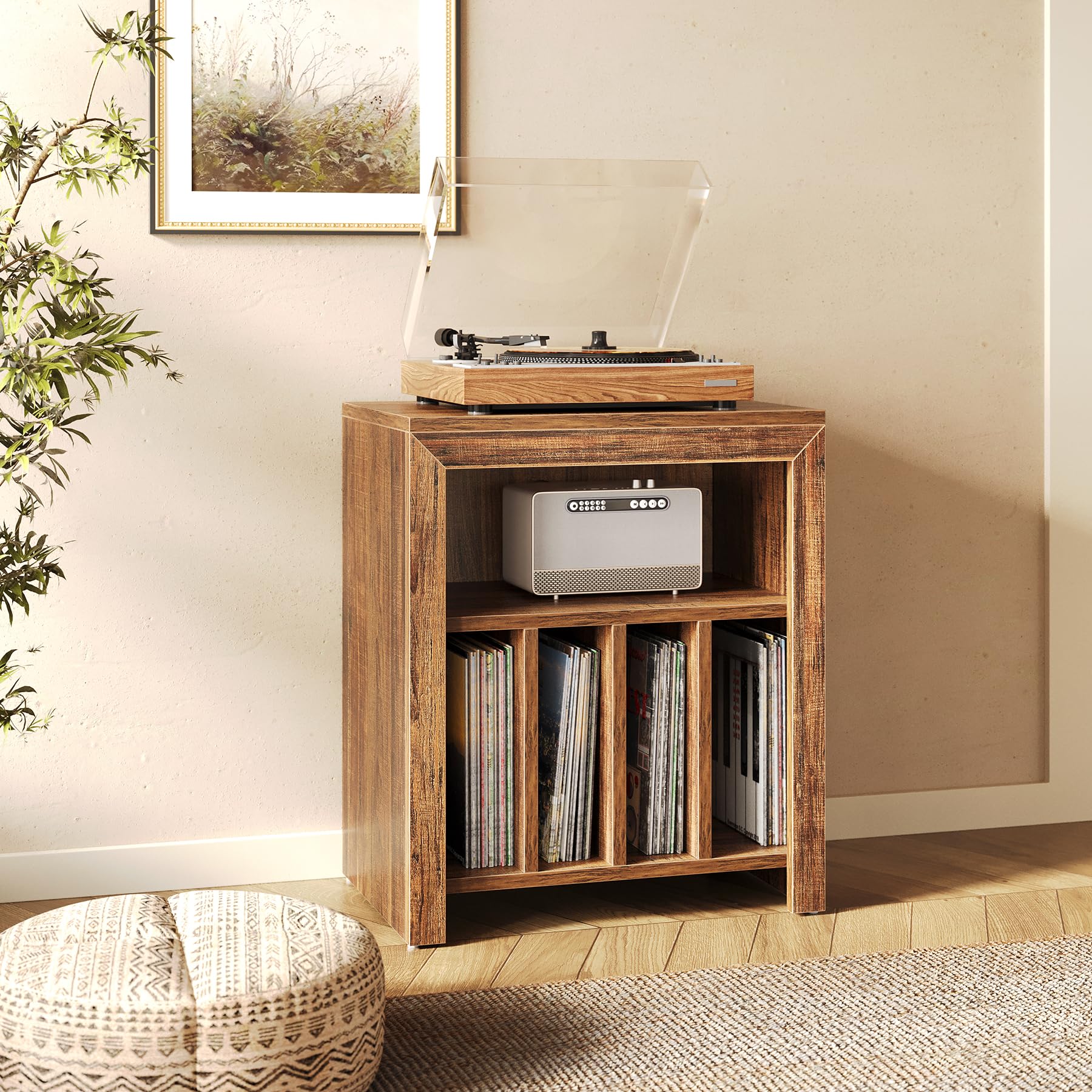 Tribesigns Support pour Tourne-Disque, 60 x 40 x 70 cm, Peut contenir jusqu'à 160 Albums, Support de Rangement en Vinyle Mid-Century avec Pieds en Bois, Marron Rustique