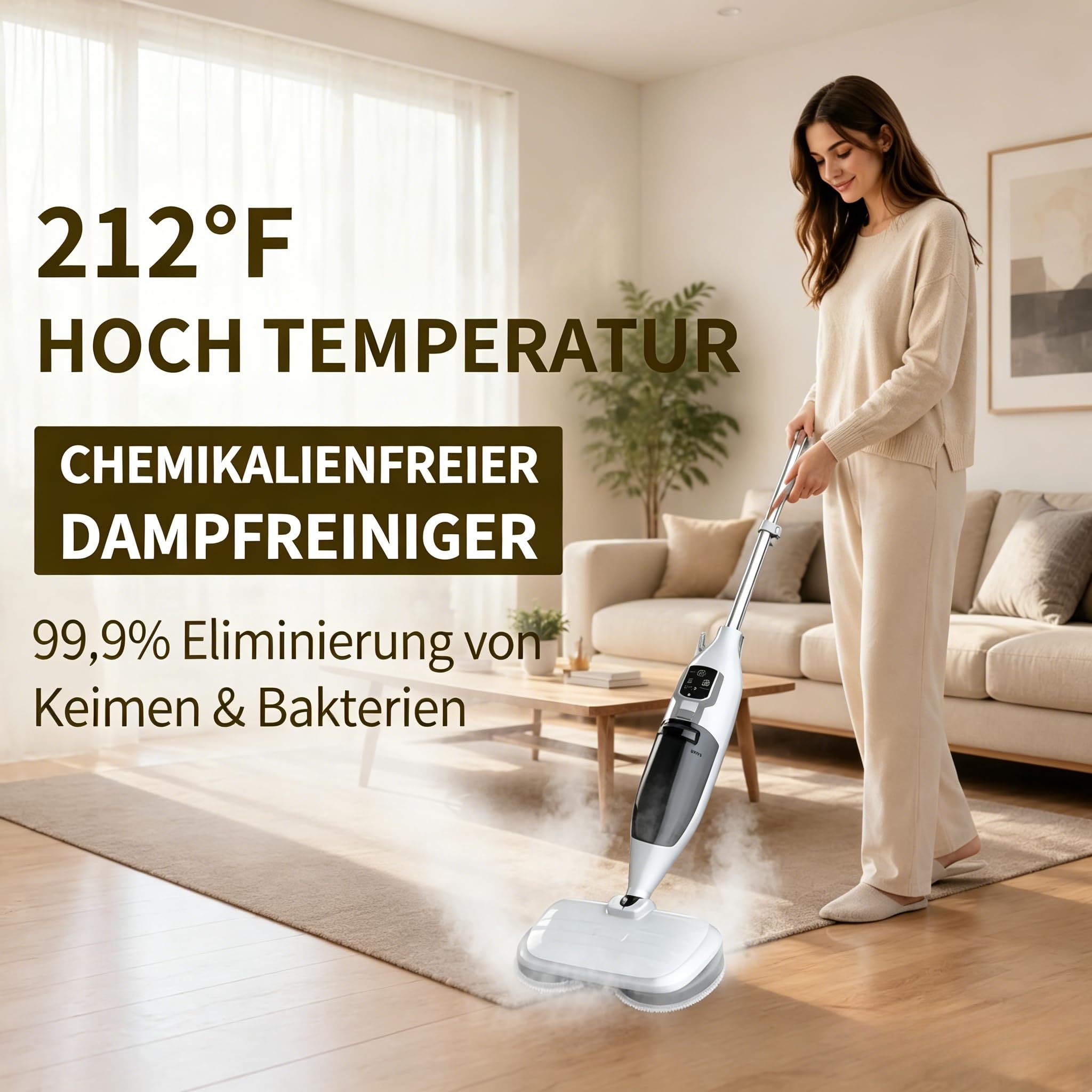 2-in-1 Dampfreiniger Mop mit Handgerät, 30s Schnellaufheizung, 4 Mikrofaserpads, Für alle Hartböden und Teppiche,entfernt 99,9%,weiß