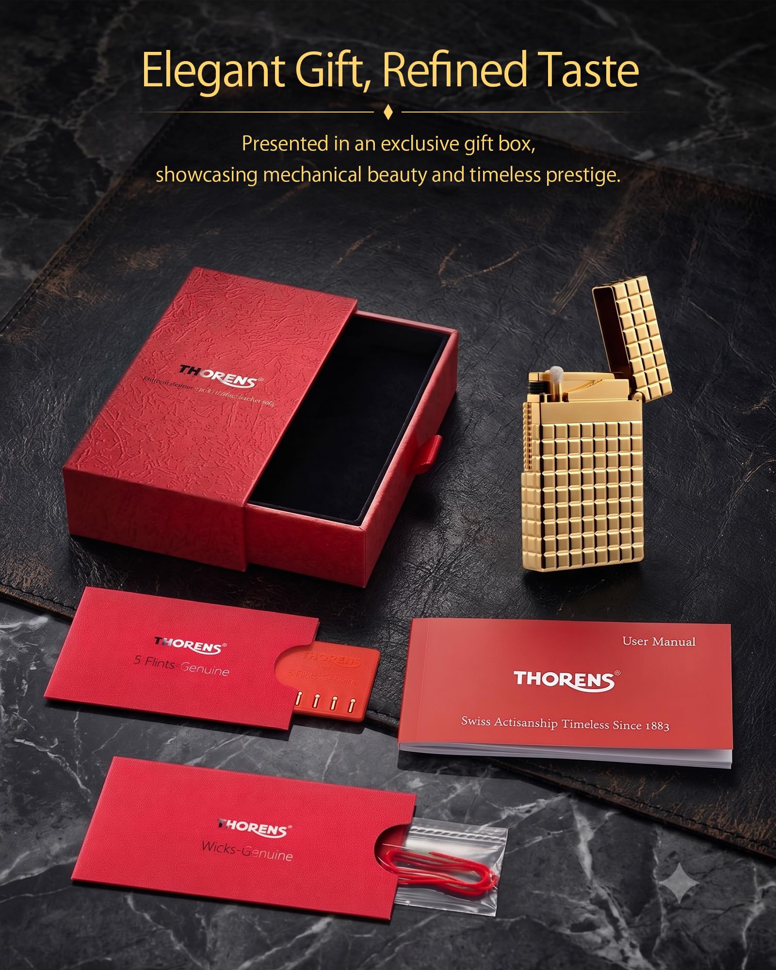 THORENS Crisp Sound - Auric Blocks Mechero de Latón y Queroseno | Clásico vintage, llama suave, recargable, side-slide, flip dorado único, grabado, coleccionable, regalo de lujo hombre