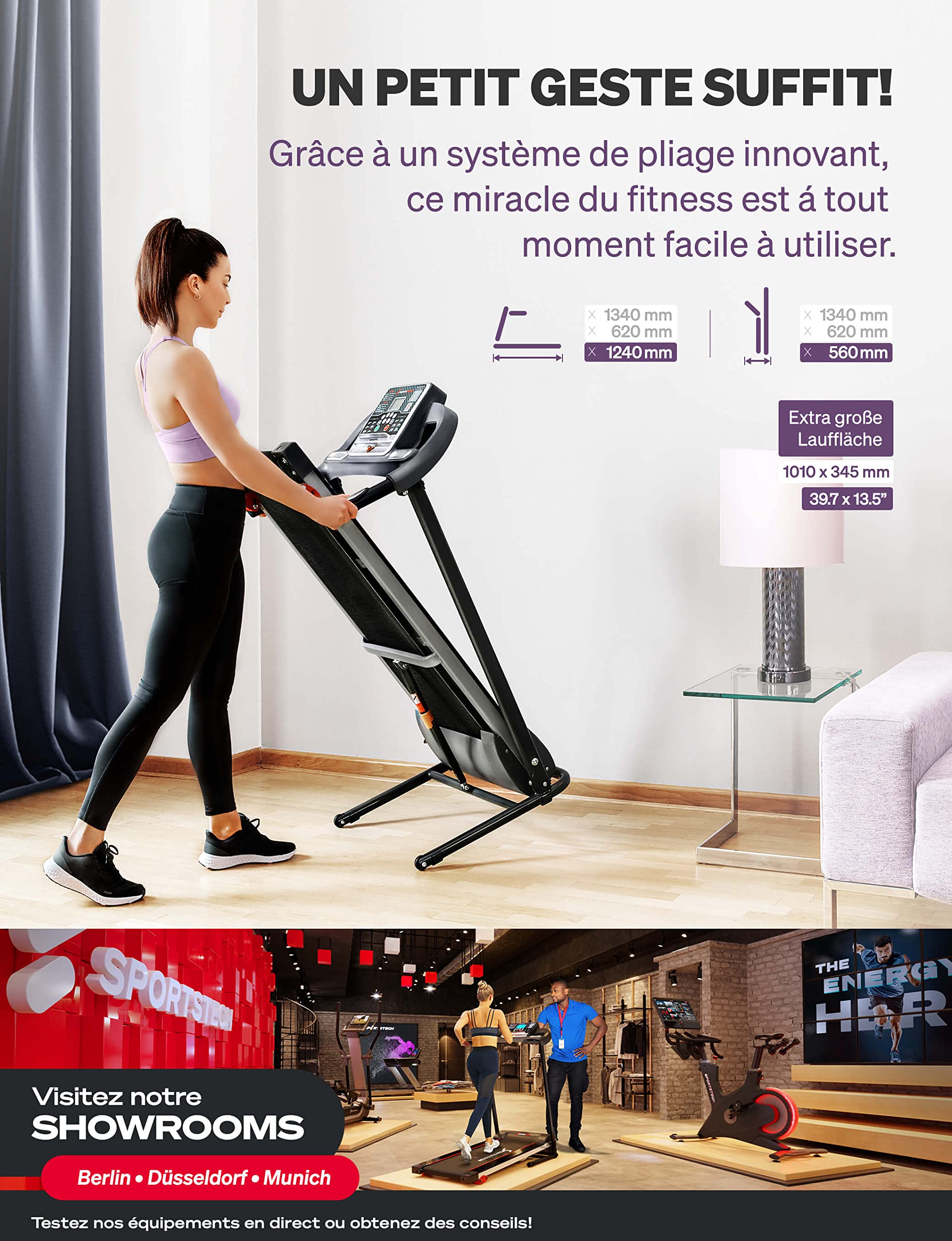 Sportstech F10 - Tapis de Course Pliable, Tapis Roulant, Walking Pad, avec 1 an d'App STL Incluse, Bluetooth,12 Programmes, 10km/h, Cardio, Autolubrification, Silencieux, Multi-Couche, LCD, 120kg Max