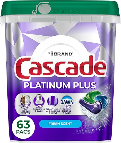 Cascade Platinum Plus Dishwasher Pods, Dish Detergent Soap, Fresh, 63 Count