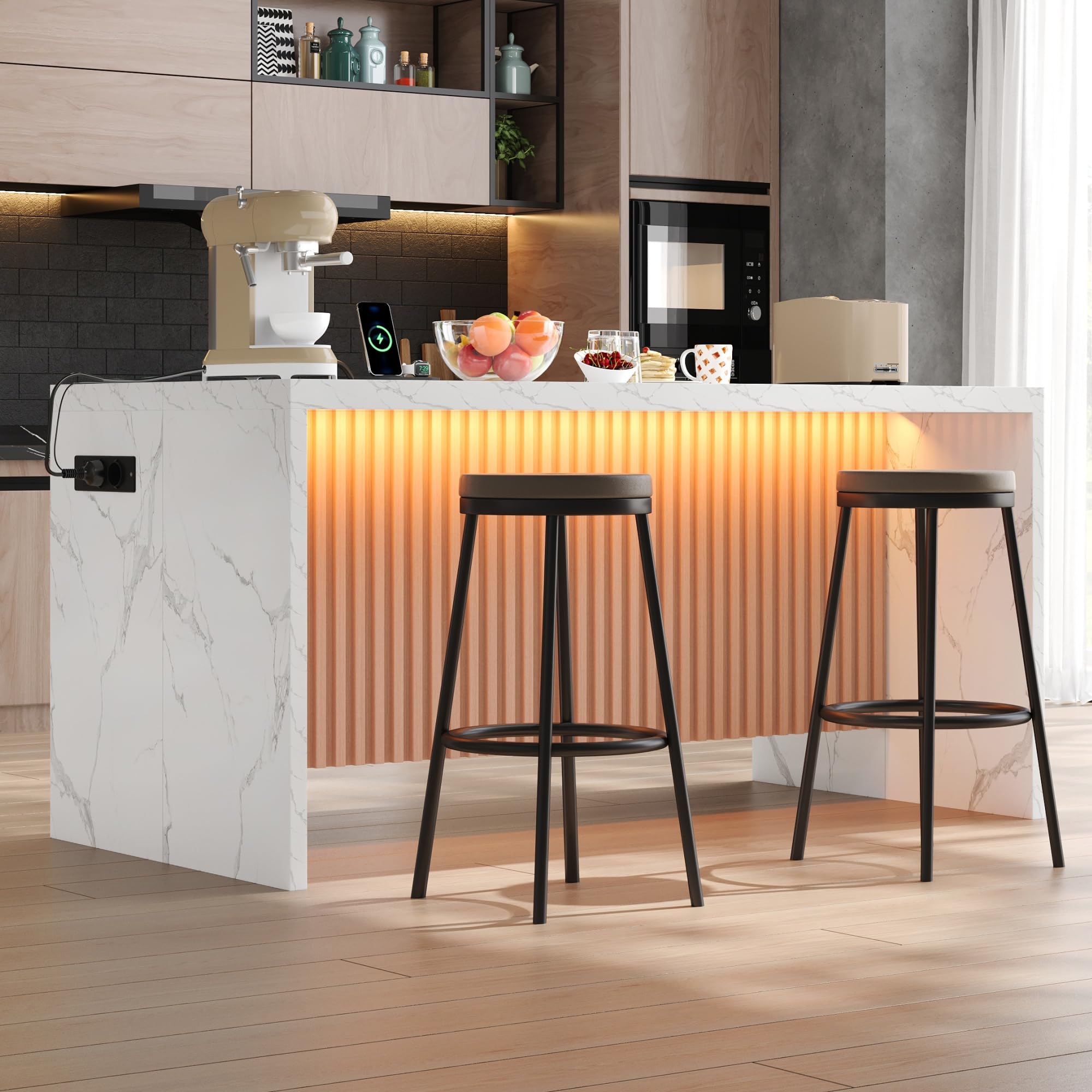 Isola da cucina, frontale in marmo bianco, 155 x 80 x 90 cm, piano di lavoro spesso 40 mm, isola da cucina moderna dal design industriale