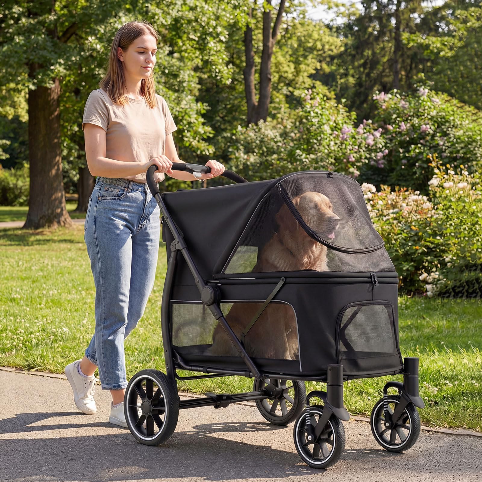 COSTWAY Poussette pour Chien Chat Pliable, Grand Entrée Basse, Auvent Réglable, Charge 40 kg, Chariot pour Chien Chat à 4 Roues, Poches de Rangement, Laisse de Sécurité, Coussin (Noir,Style 16)