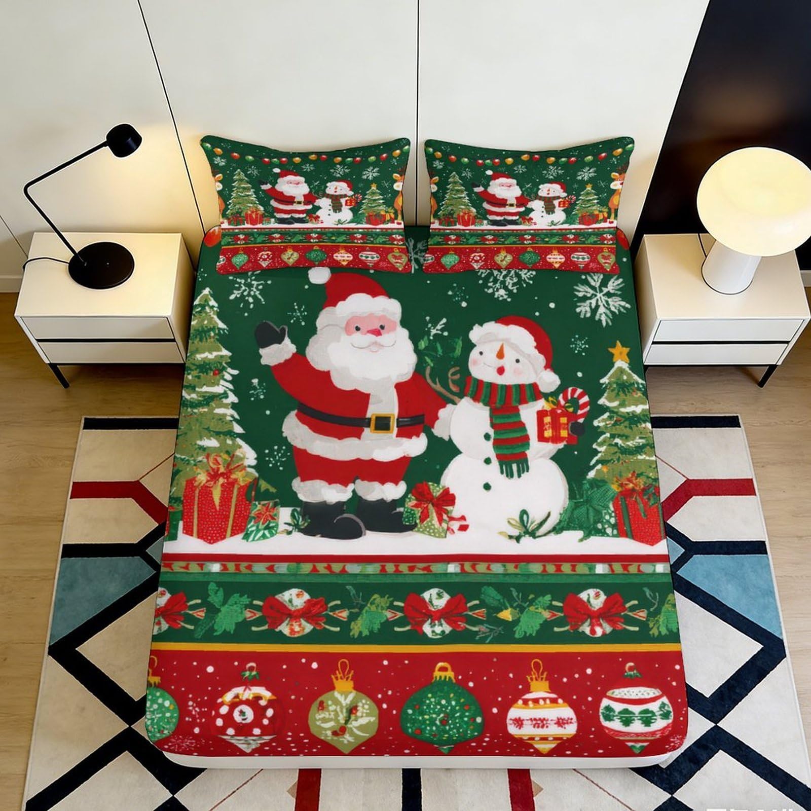 3D Printed Christmas Santa Fitted Sheet Microfiber Red Green Snowman Bed Cover for Bedroom Guest Room Easy Care 90x200x25cm