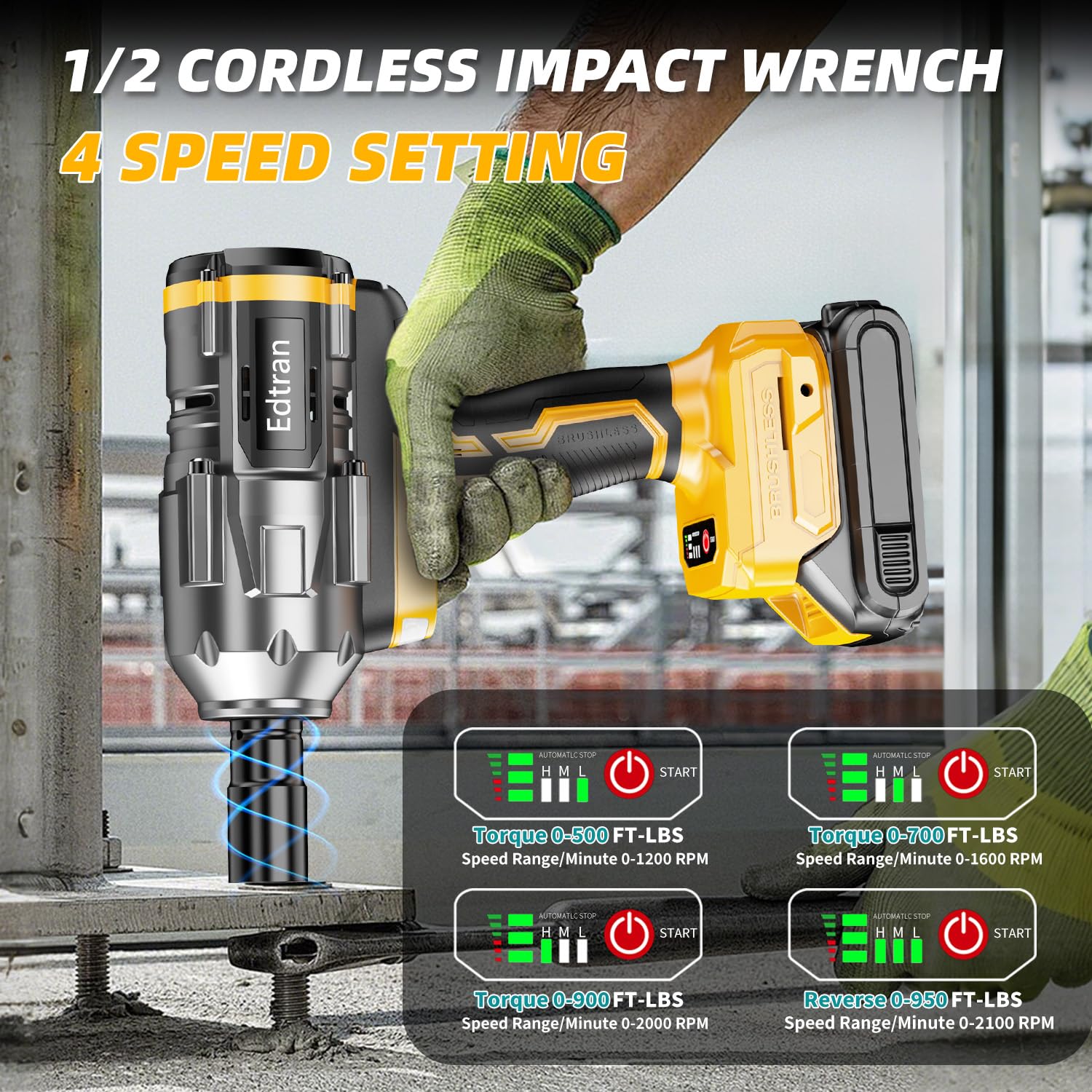 Llave de impacto inalámbrica de 1/2 para batería Dewalt de 20 V, 1500 Nm/1106 pies de libra, destornillador de impacto sin escobillas, herramienta de pistola de impacto de 4 velocidades, 2100 RPM de