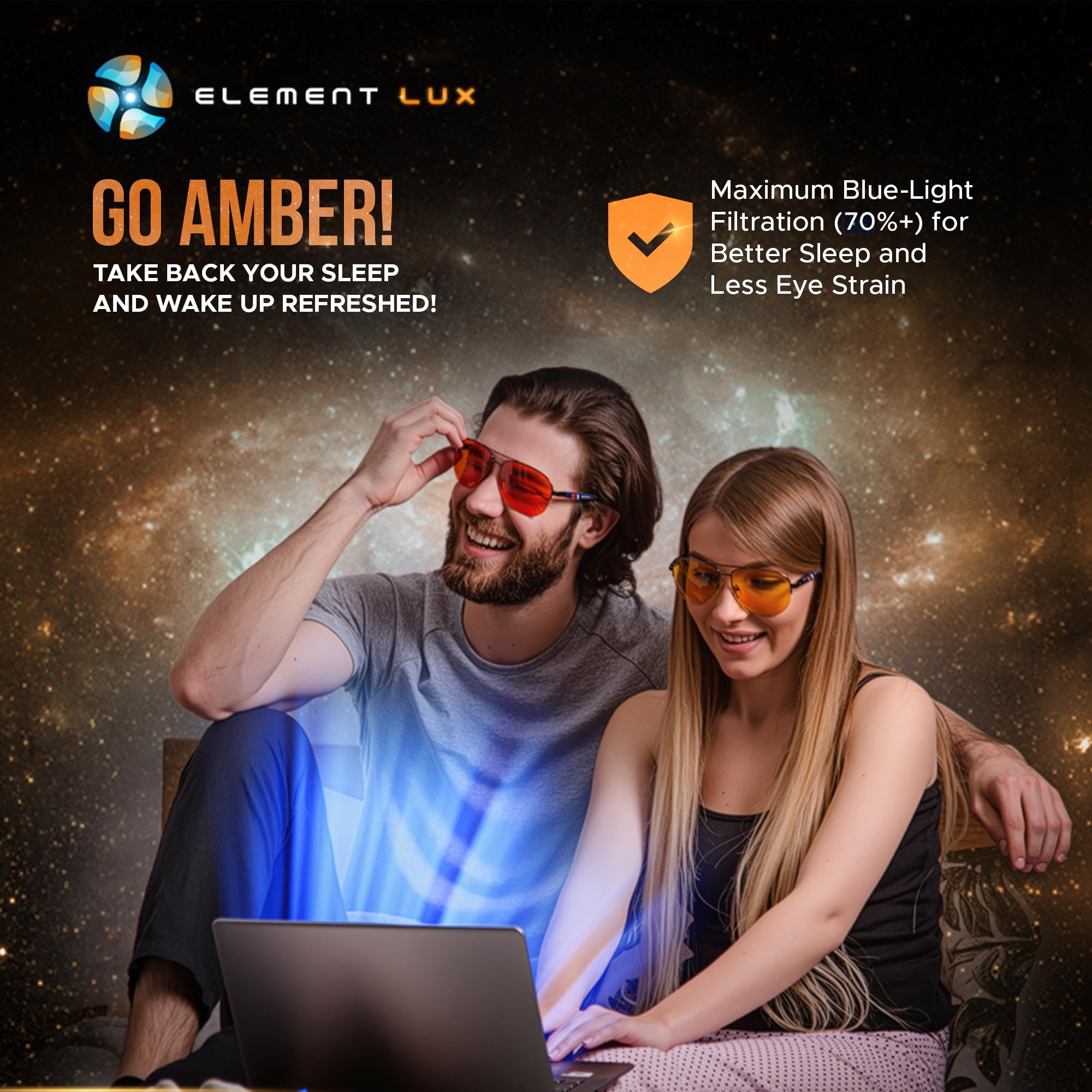 Occhiali con blocco della luce blu di ELEMENT LUX - Occhiali 99% Amber Blue Blocker - per un sonno migliore, giochi, affaticamento degli occhi, computer, ambra leggera, 57 mm, Ambra chiara, LightAmber