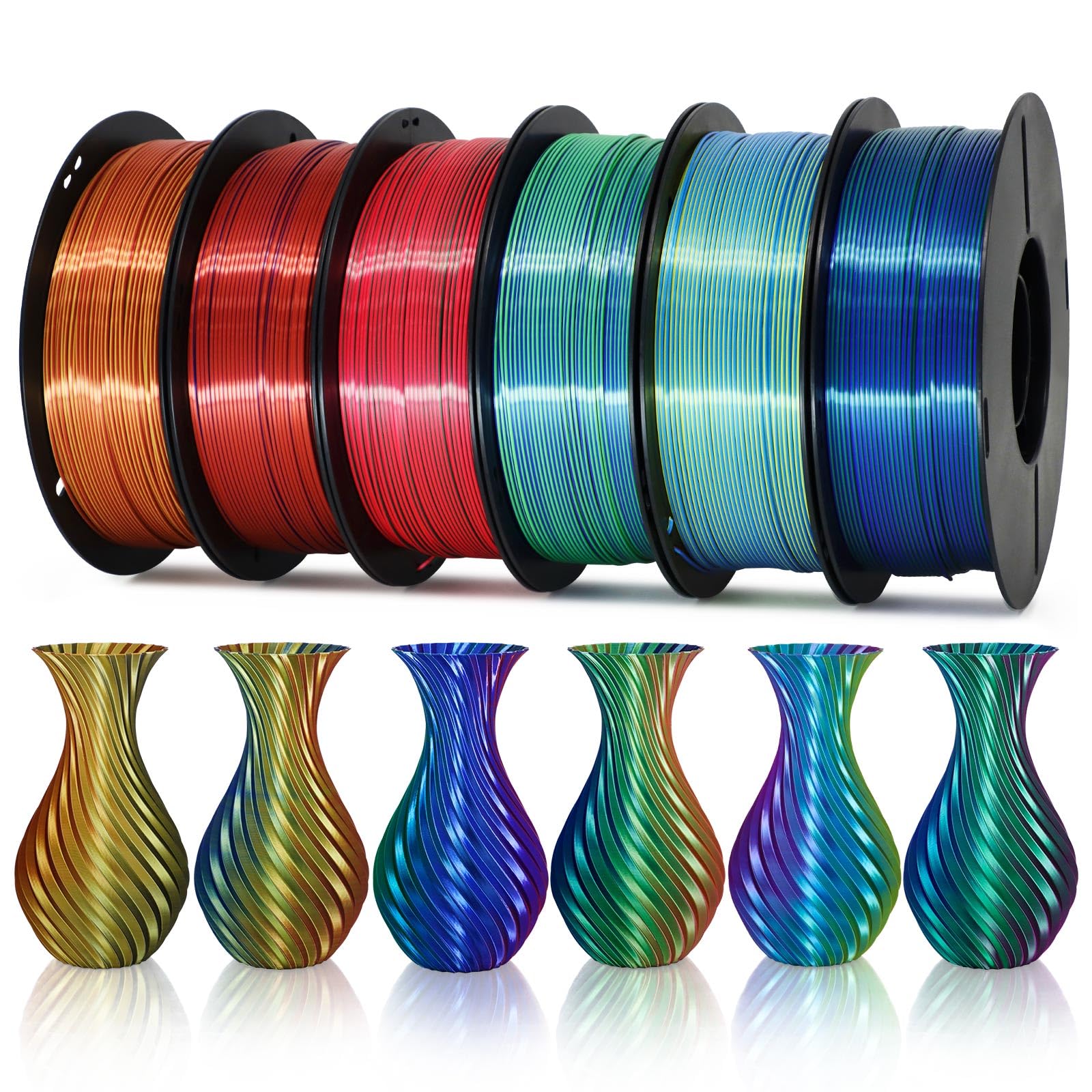 EONO PLA Dreifarbiges Filament, 6x1KG Bunt, 3D Drucker Filament, Silk PLA,Blau-Grün-Gold,Gold-Kupfer-Blau1,Rot-Gold1-Blau,Rot-Blau2-Grün,Rose/Blau/Grün1,Gold2/Kupfer/Schwarz