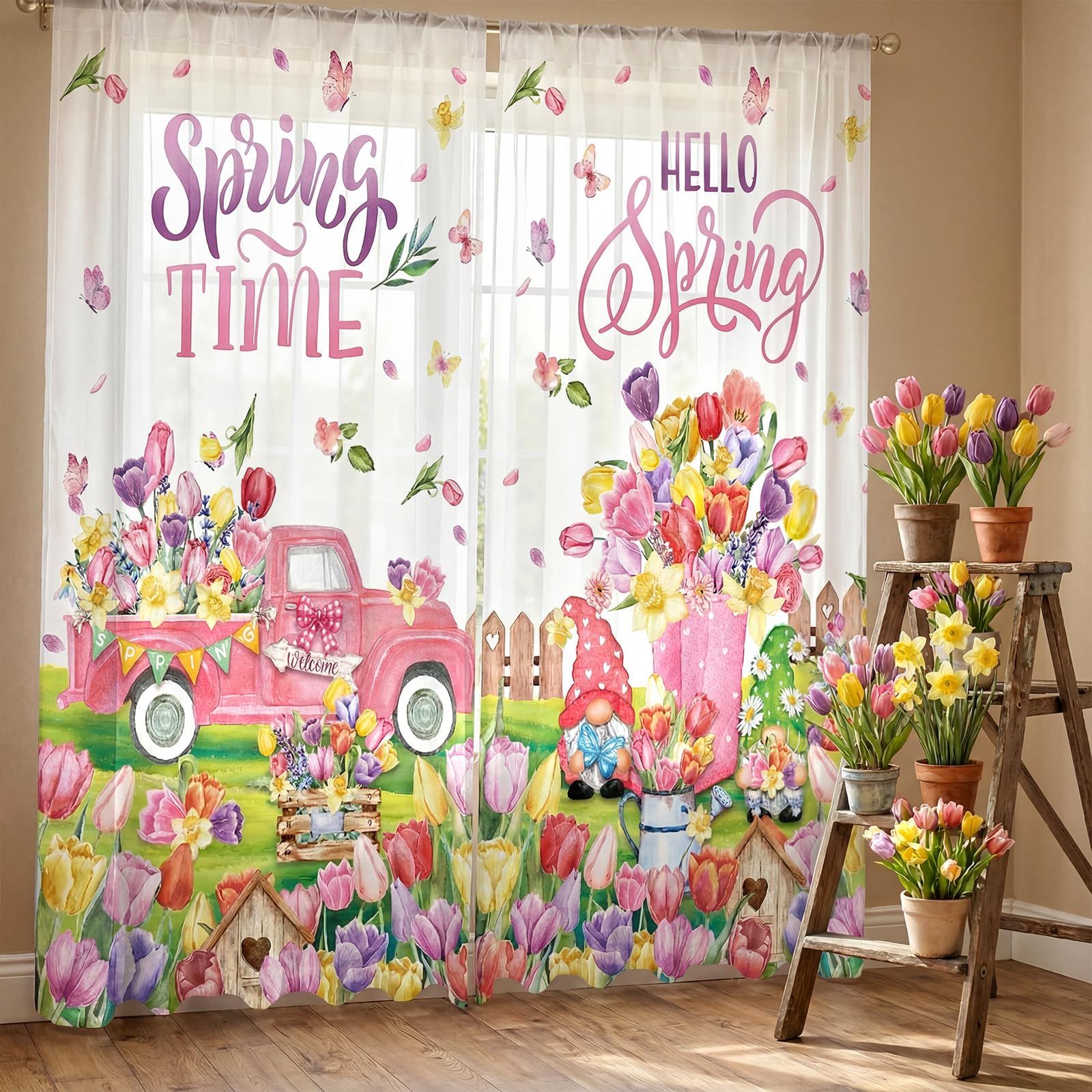 SmoothNovelty 2 Pcs Spring Curtains for Living Room Tulip Flower Butterfly