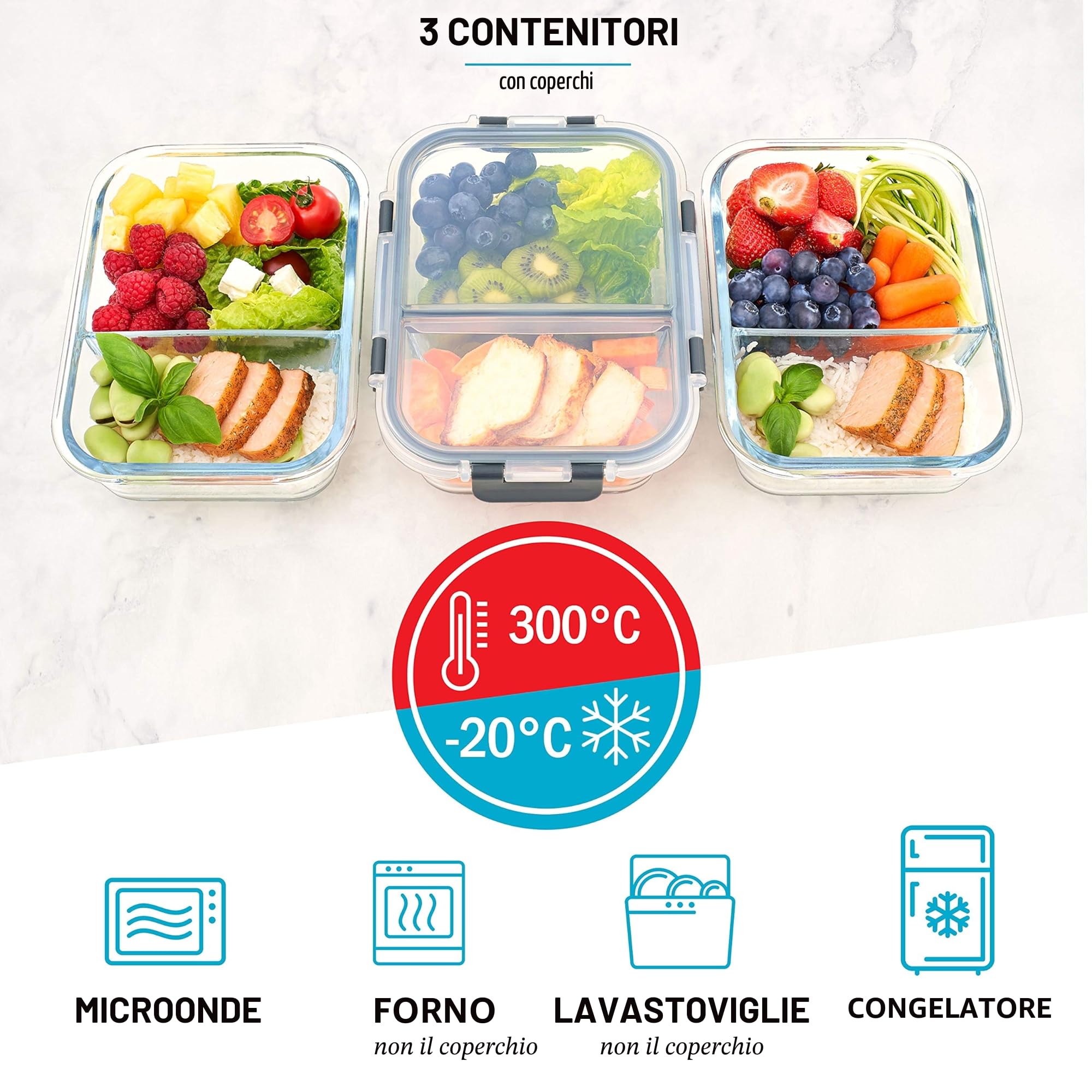 Igluu Meal Prep Contenitori Ermetici per Alimenti in Vetro con Coperchi (Set da 3) – 2 Scomparti – Senza BPA – Forno, Microonde, Freezer e Lavastoviglie – 980 ml – Vetro Borosilicato