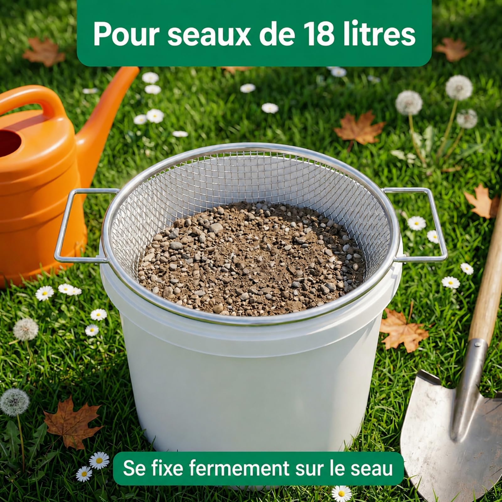 Tamis de jardin - Double poignées de 3,5 cm pour grandes mains - Diamètre : 30 cm - Pour seau de 18 l - Filet en acier galvanisé de 1 mm - Maille de 6 mm - Pour jardin et plantes en pot