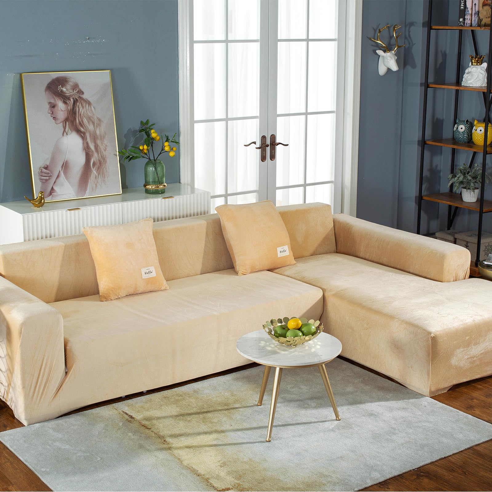 Funda Sofa Chaise Long, 2 Piezas, Antideslizante Elástico Funda de Sofá para Sala Protector para Perros Mascotas (1 Plaza, Beige)