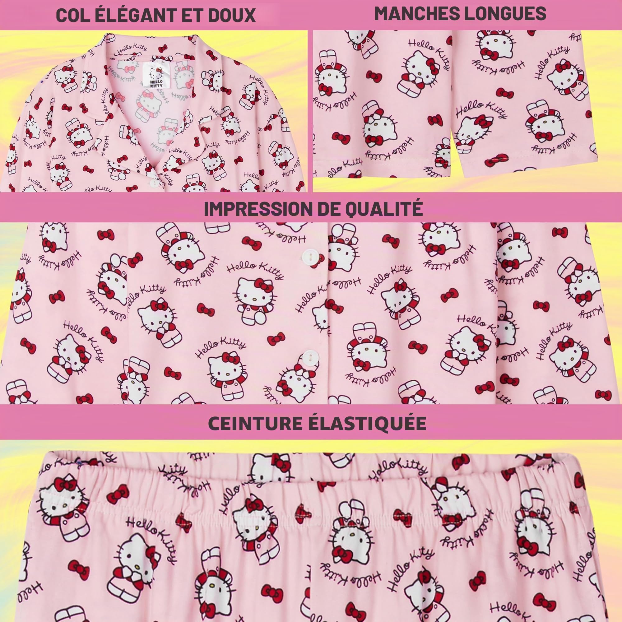 Hello Kitty Sanrio Pyjama Fille et Ado, Ensemble Haut et Bas, Tenue de Nuit Enfant Kawaii, Pyjama Hiver Doux et Confortable