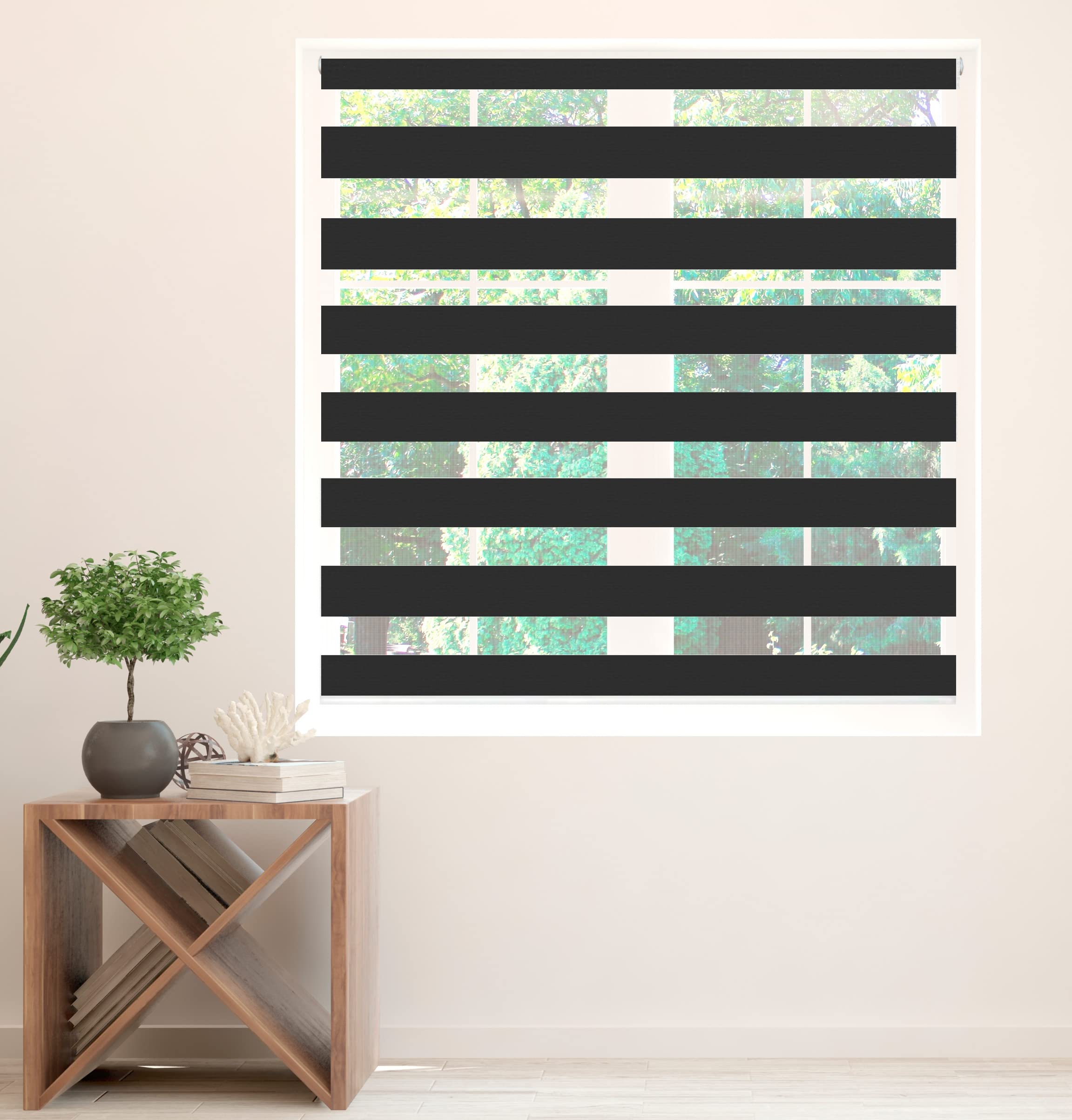 Zebra Blind - Day and Night Roller Blinds for Living Room, Kitchen, Bedroom, Bathroom, Durable Fabric, Easy to Clean, 155 cm Drop (Black, 55cm Width)