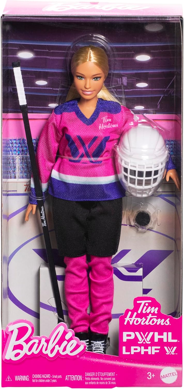 Tim Hortons Barbie PWHL 2025 Fashion Doll in Pink, Purple, & Teal Hockey Jersey, Includes Hockey Stick, Puck, and Helmet - Image 6