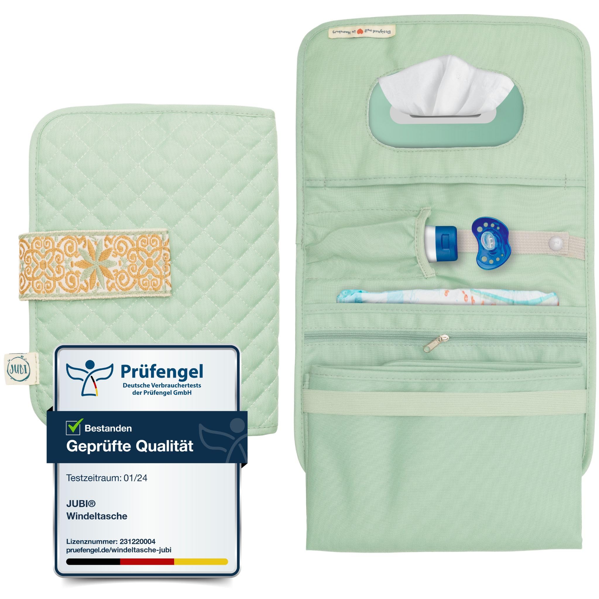 Jubi® Mint Windeltasche gesteppt mit Wickelunterlage für unterwegs mit extra viel Platz - Kleine Wickeltasche mit Klettverschluss