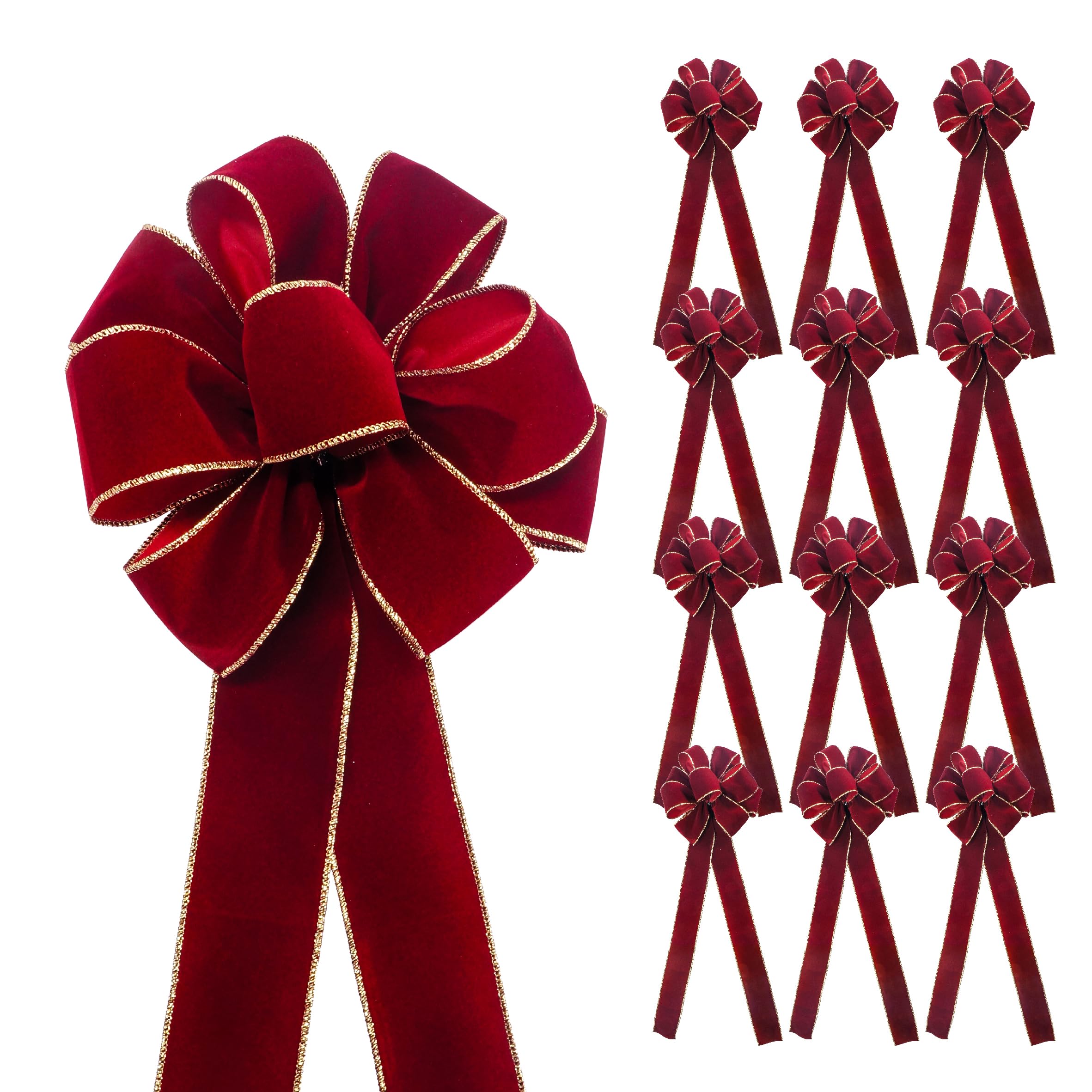 CT Craft Christmas Handmade Tree Topper Bow 10" X 26" X 12 PCS Burgundy/Red Wine Velvet Ribbon Gold Wired Edge for Tree Topper Wreath Indoor Outdoor Holiday Decoration