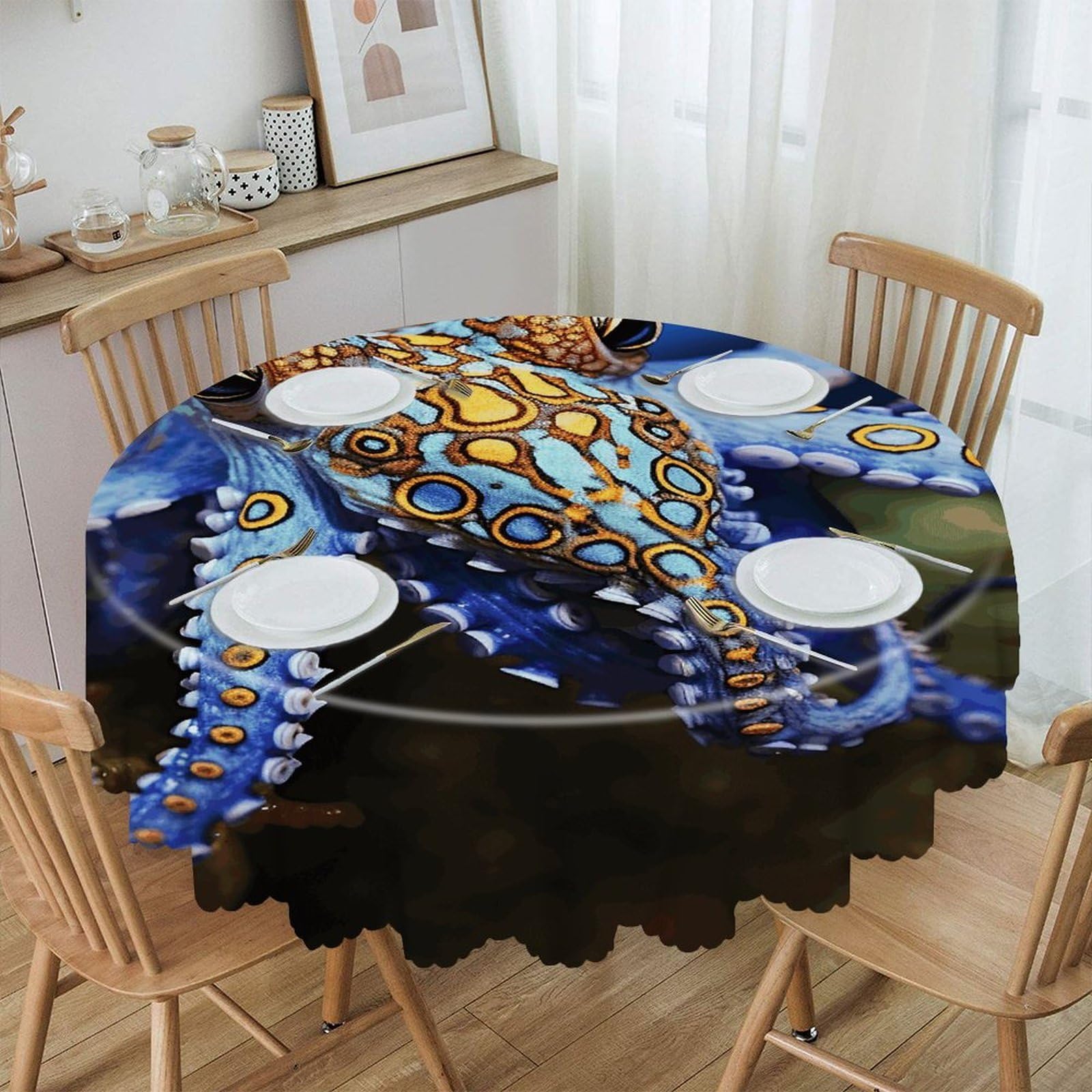 VstaDank 60 Inch Round Blue Ringed Octopus Tablecloth Polyester Waterproof Wrinkle Free Table Cloth Spillproof Washable Table Cover Colorful Tablecover Decor for Home Kitchen Dining Party