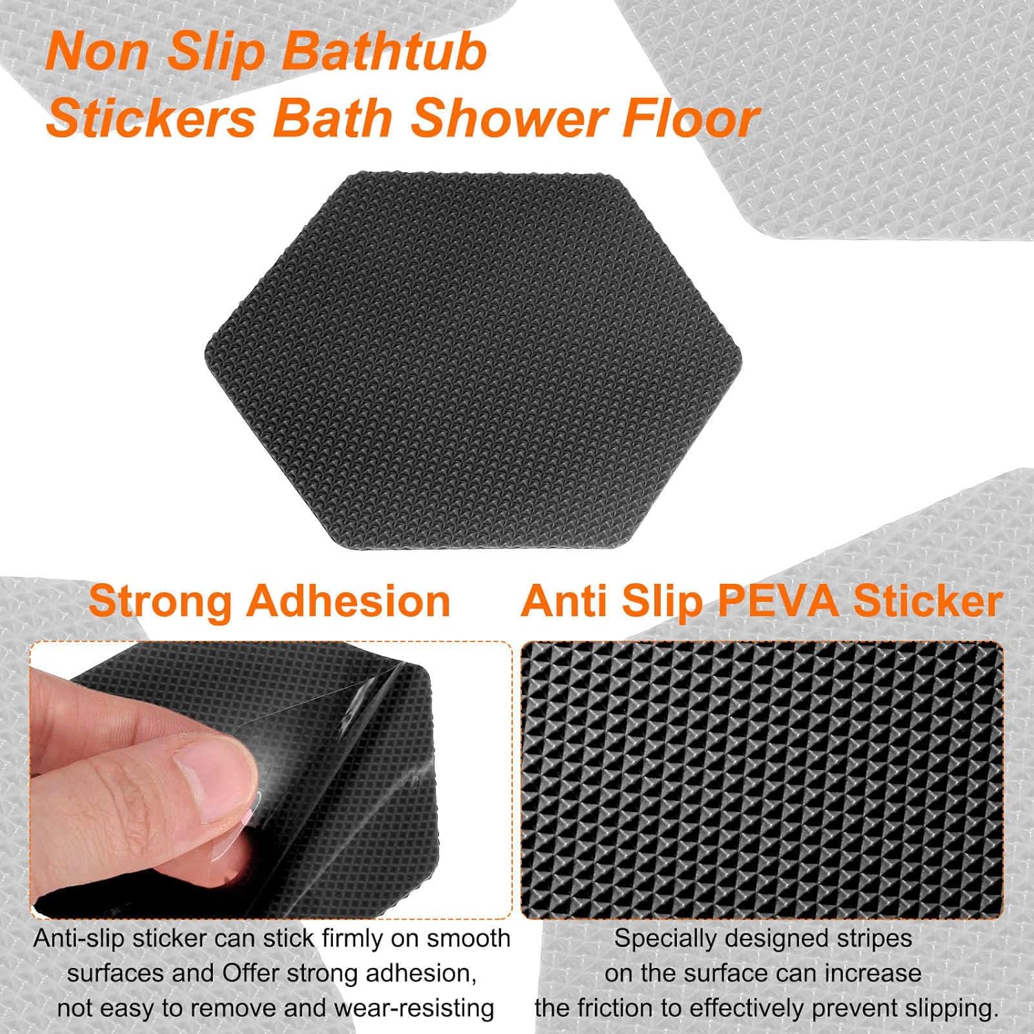 HARFINGTON 12pcs Non-Slip Bathtub Stickers Set 3.15" Hexagon Shower Floor Sticker PEVA Anti-Slip Adhesive Appliques with Scraper for Bathroom Kitchen Treads Stairs Swimming Pool, Black