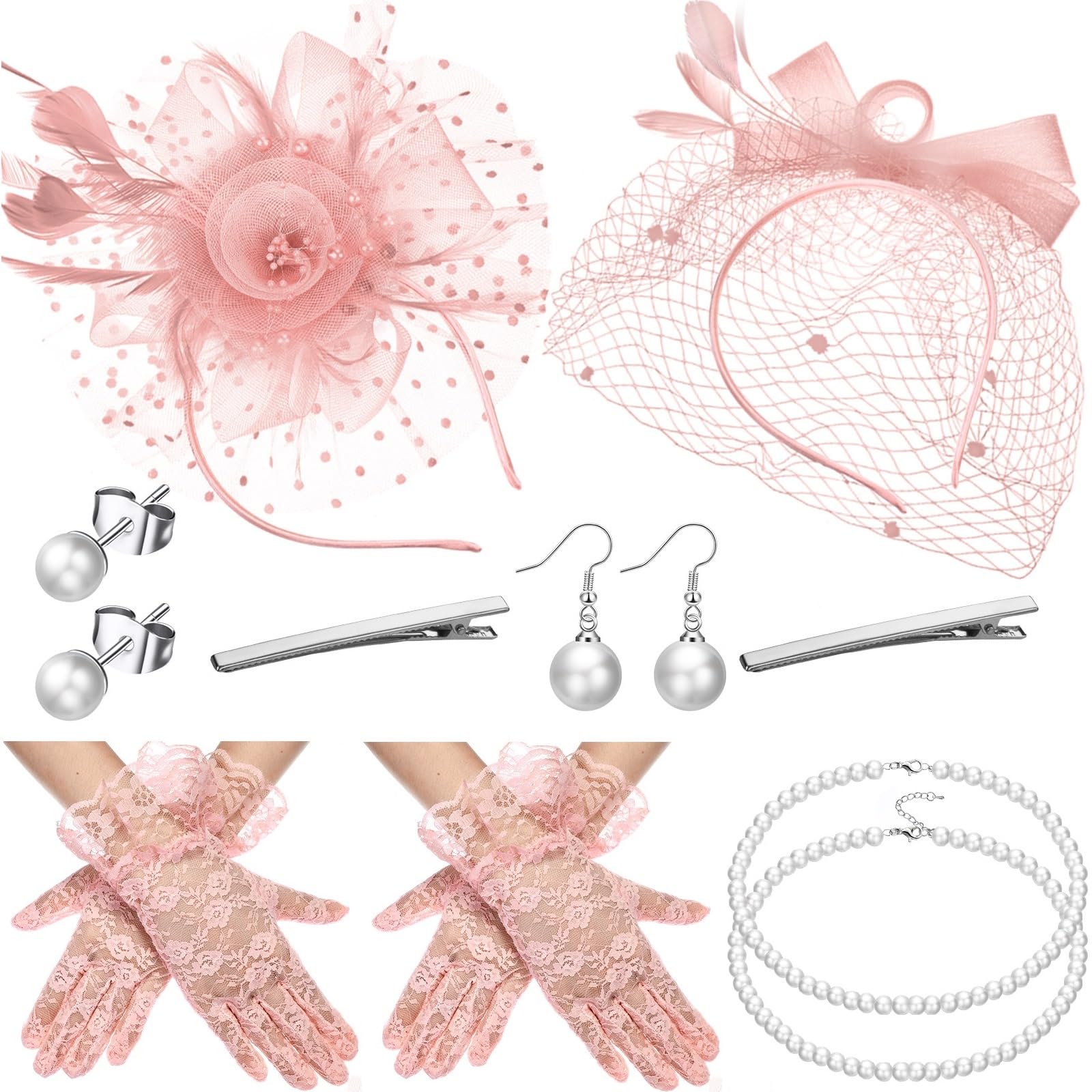 Zhanmai 12 Pcs Tea Party Accessory Bride Fascinators Hat for Wedding Women Halloween Glove Headband Necklace Bracelet