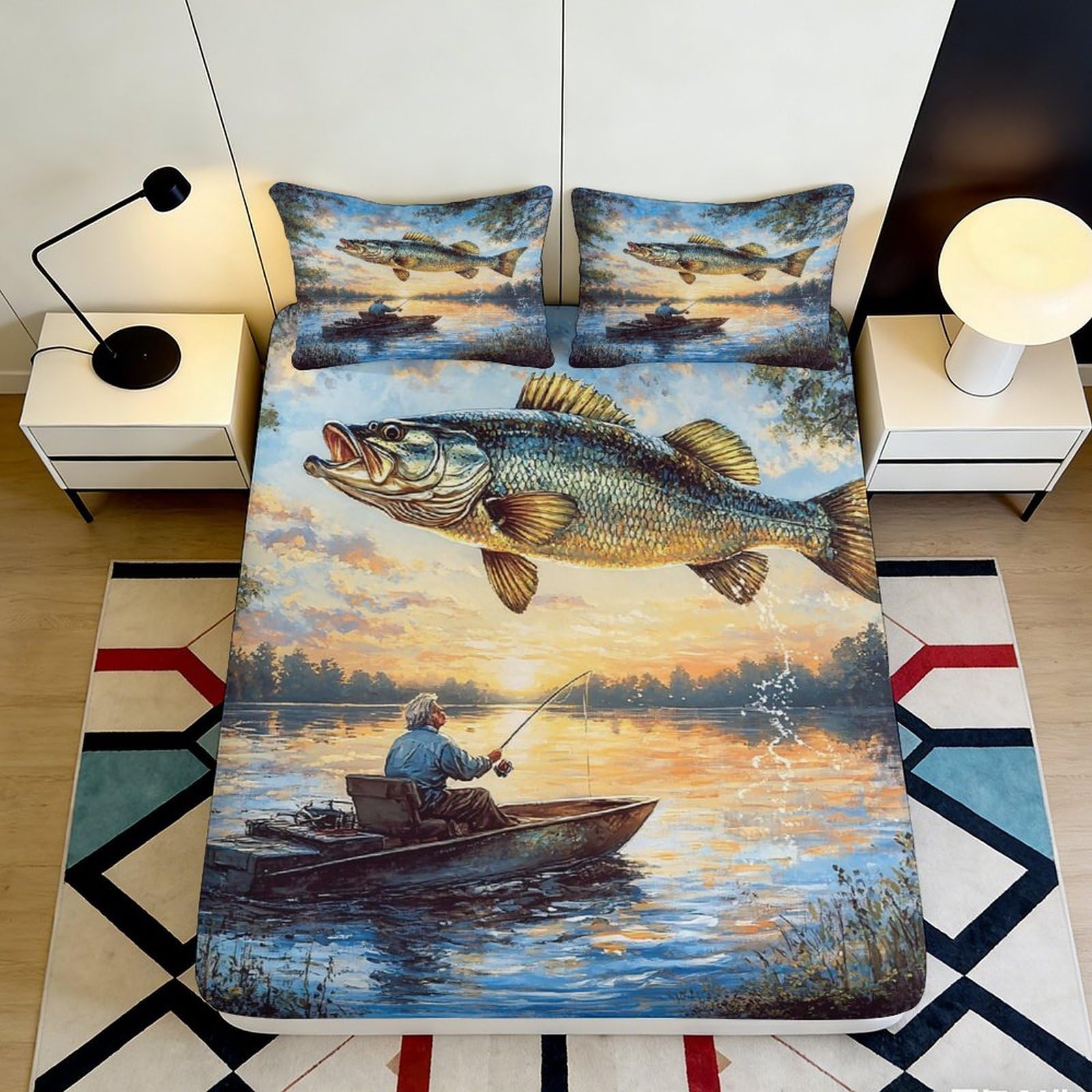 3D Printed Fishing Lake Fitted Sheet Microfiber Soft Decor Boat Sunset Mattress Cover Bedroom Dorm 90x200x25cm