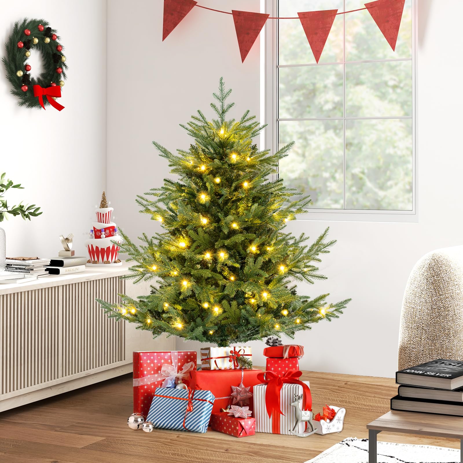 COSTWAY Árbol de Navidad Verde 135/180 cm, Arbol de Navidad con Luces Incorporadas, 160/240 Luces LED Blanco Cálido, 8 Modos, 442/778 Ramas de PE y PVC, Arvore de Natal Hogar Oficina Fiesta (135 cm)