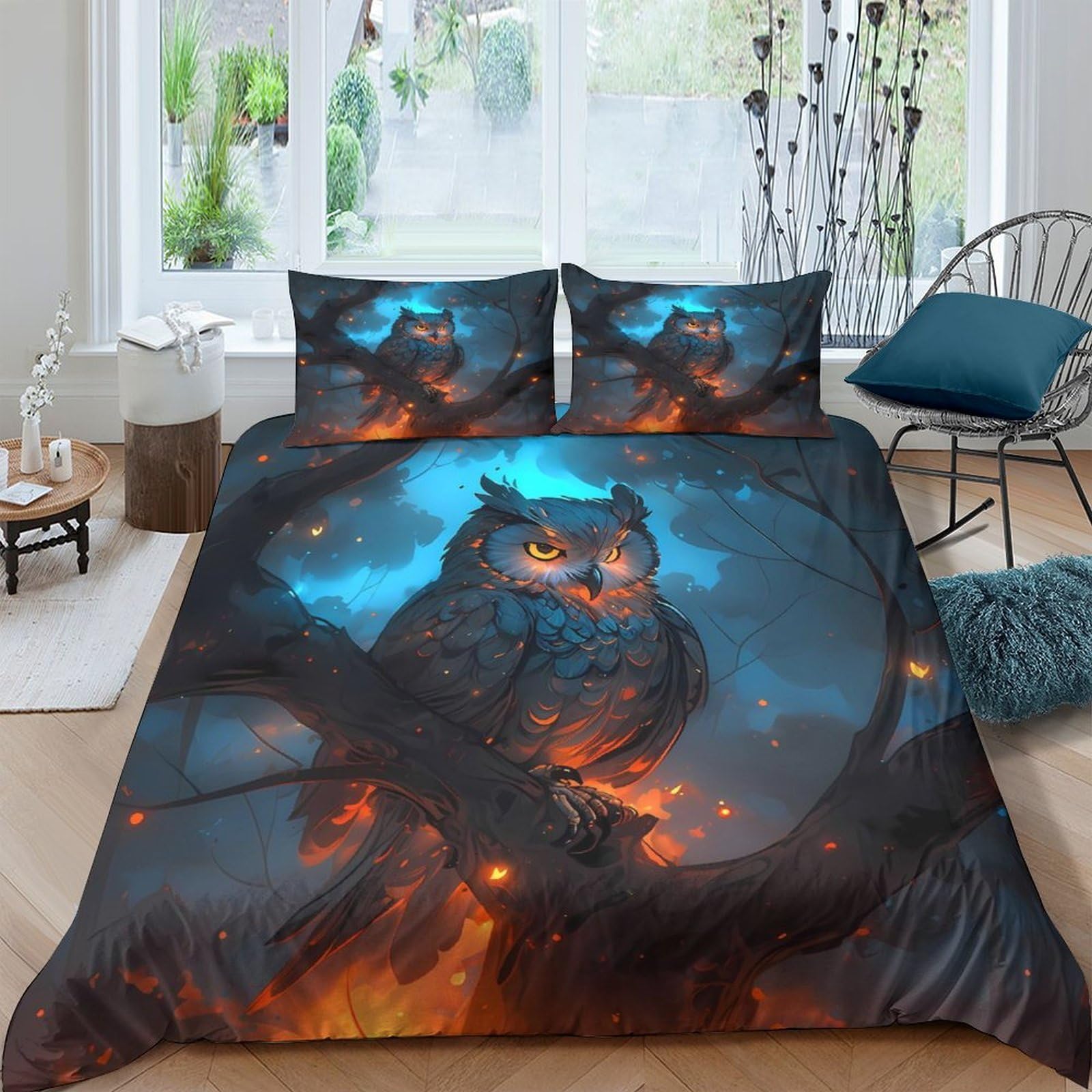 Ctjqhvkz Style-10 3D Printed Dark Owl Fitted Sheet Microfiber Soft Breathable Blue Flame Forest Mattress Cover Bedroom Decor Single（135X200cm）