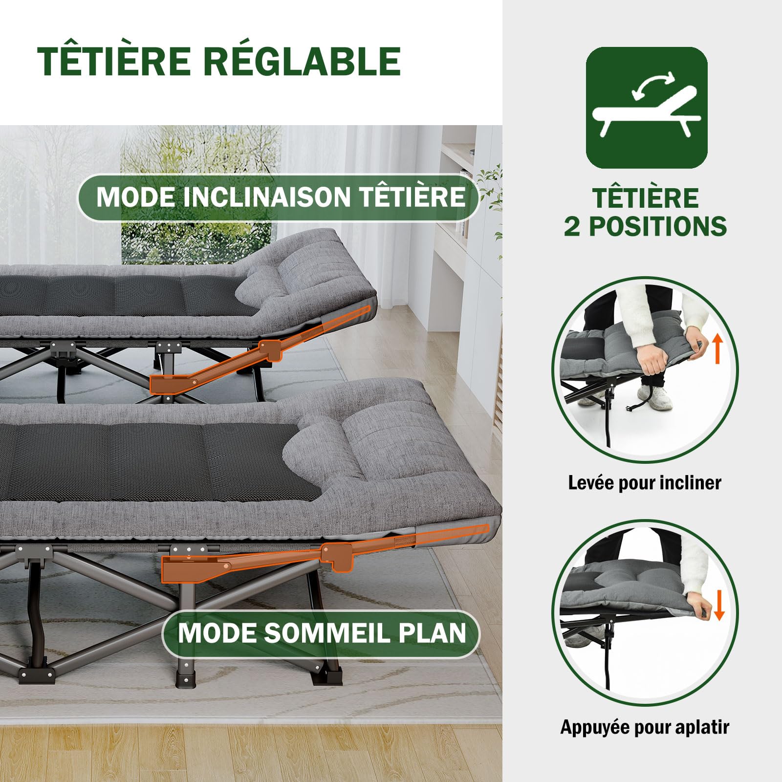 Lit de Camping Pliable pour Adultes avec Matelas, Lit de Sieste Portable Réglable, Charge Maximale 200kg – Inclut Sacoche de Transport, Gris
