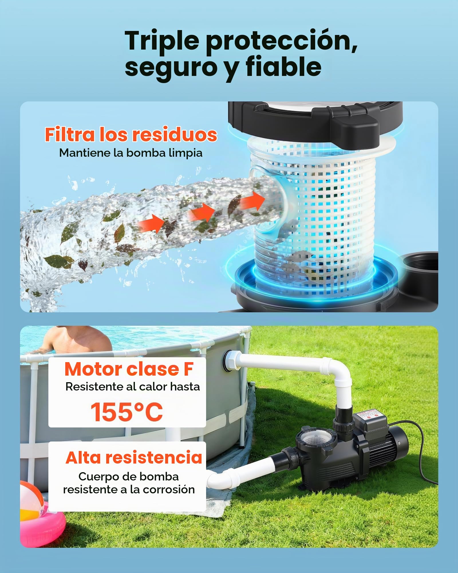 VEVOR Bomba para Piscina 550 W Caudal Máximo de 14000 L/H Bomba de Filtración para Piscina de Una Sola Velocidad, CA 220-240 V, Altura de Elevación Máxima de 12 m, con Temporizador de 24 Horas