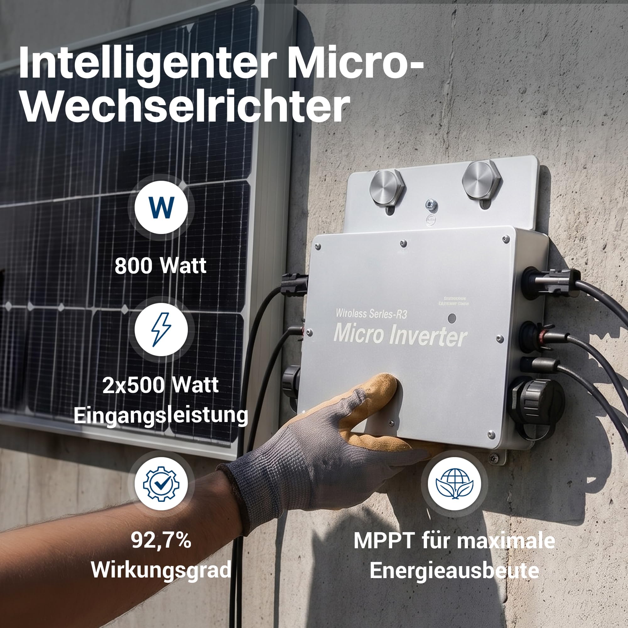 Intratec Mikro Wechselrichter WVC-800W – IP 65 Wechselrichter Balkonkraftwerk MPPT mit WiFi & Cloud-Überwachung für einfache Plug and Play Installation – 283 x 200 x 41,6mm