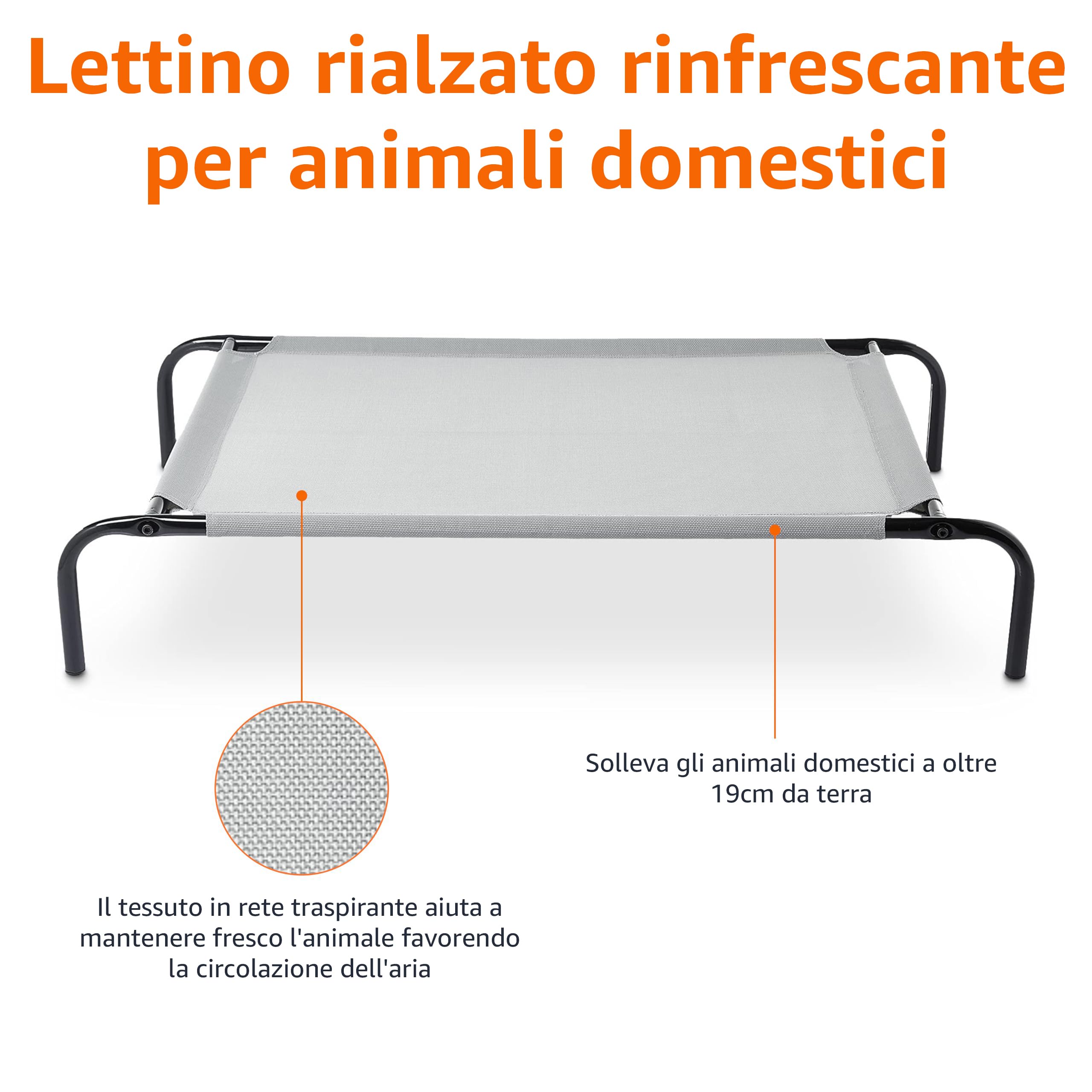 Amazon Basics per Cane Lettino rialzato rinfrescante per animali domestici, Stoffa, Grigio, Misura M, L 110 x P 65 x H 19 cm