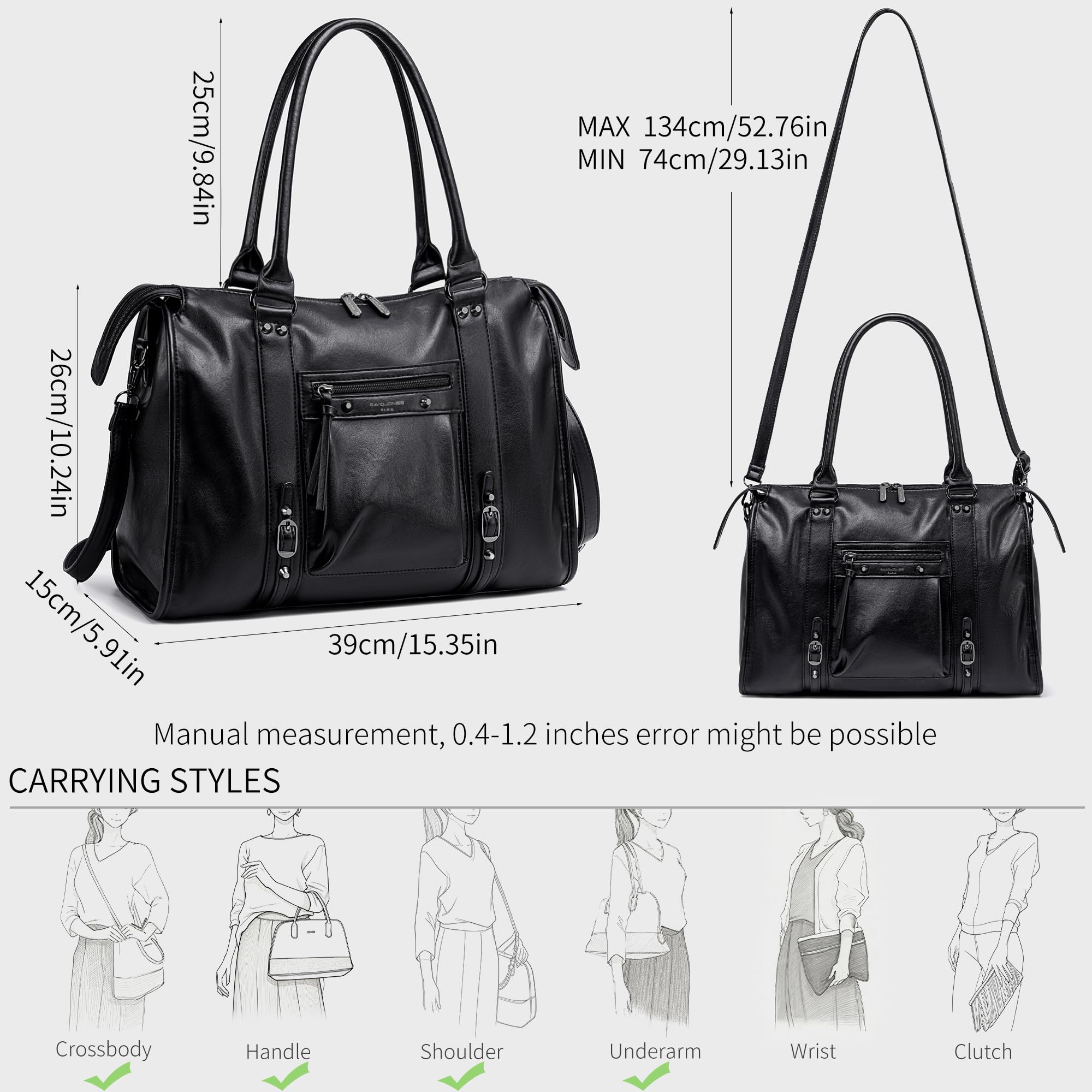 David Jones – Bolso grande para mujer – Bolso de mano para hombro, bandolera de piel sintética – Bolso curso de escuela secundaria de trabajo, talla A4 – Ciudad vintage de moda elegante