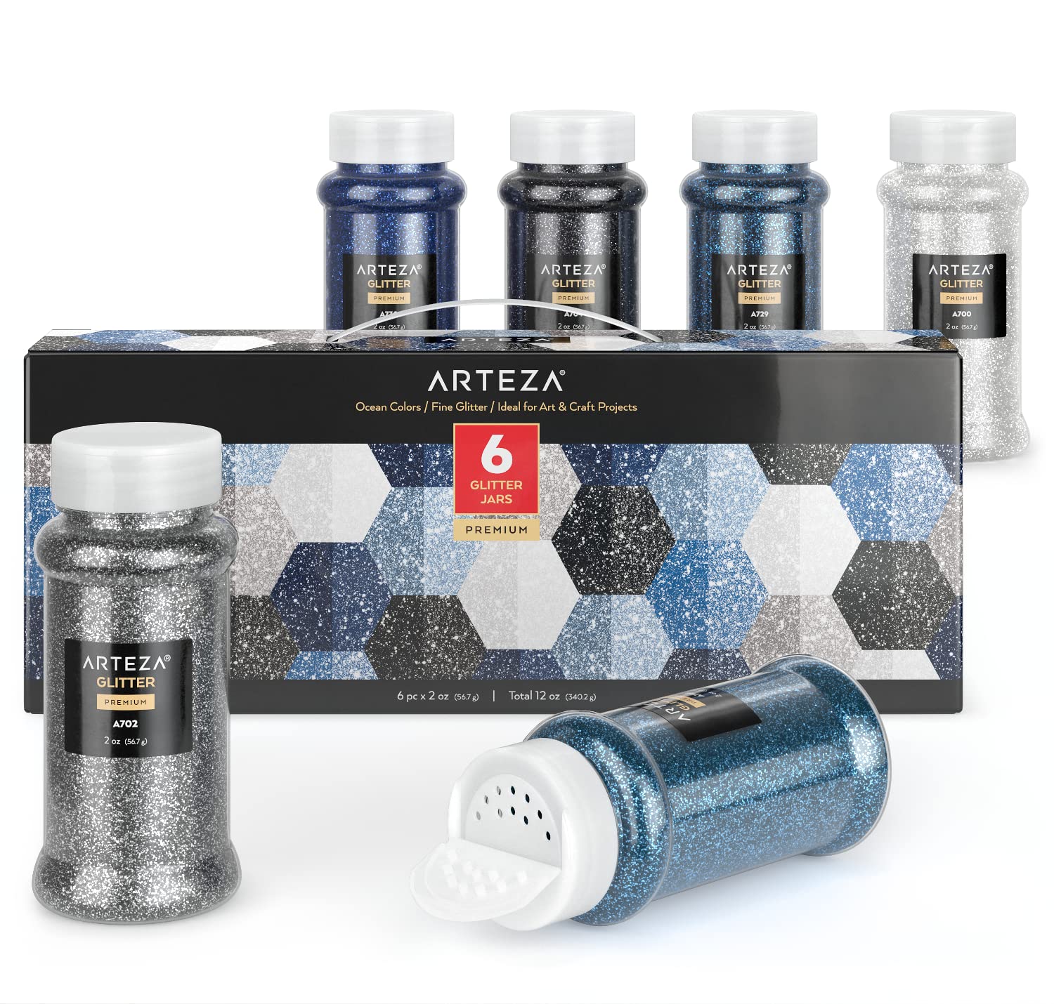 Arteza Fine Glitter Set, 6 x 2-oz Bottles, Ocean-Toned Glitter for Resin, Glue, Acrylic Paint, Arts and Crafts Supplies for Creating DIY Projects and Holiday Art