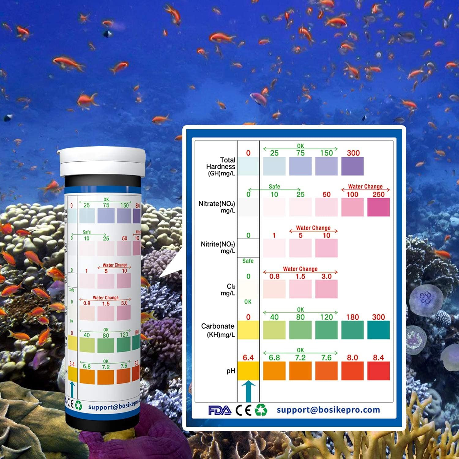 BOSIKE Freshwater Aquarium Test Strips with Thermometer, 6 in 1 Fish