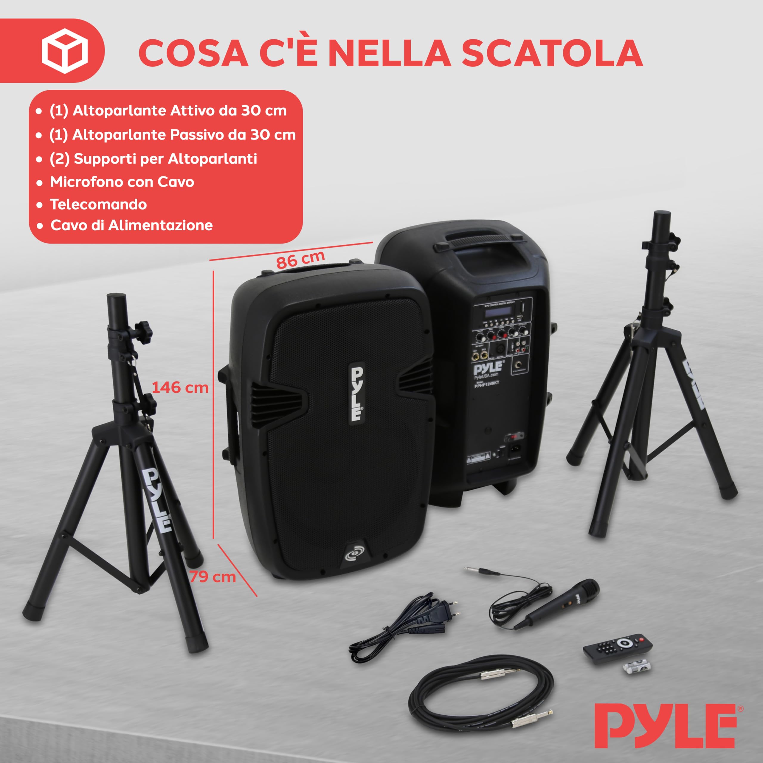 Pyle EUPPHP1249KT - Coppia di altoparlanti PA con Bluetooth, piedistallo, microfono e telecomando, subwoofer da 30,5 cm con USB, lettore di schede SD, amplificatore audio portatile per DJ concerti,