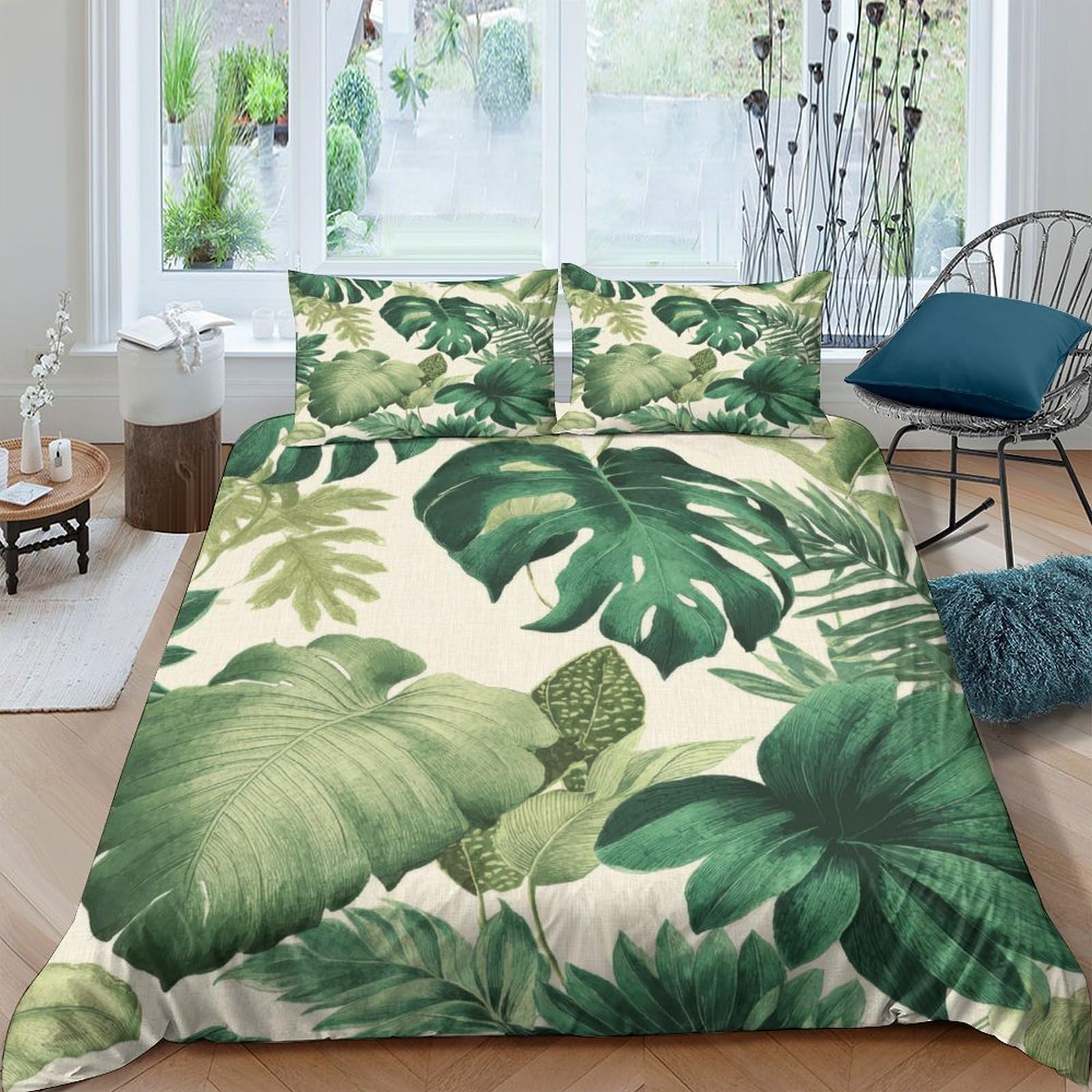 GPLZQXKJNH 3D Printed Tropical Leaf Duvet Cover Microfiber Breathable Green Jungle Bedding Set with 2 Pillowcases for Bedroom Decor Single（135x200cm）