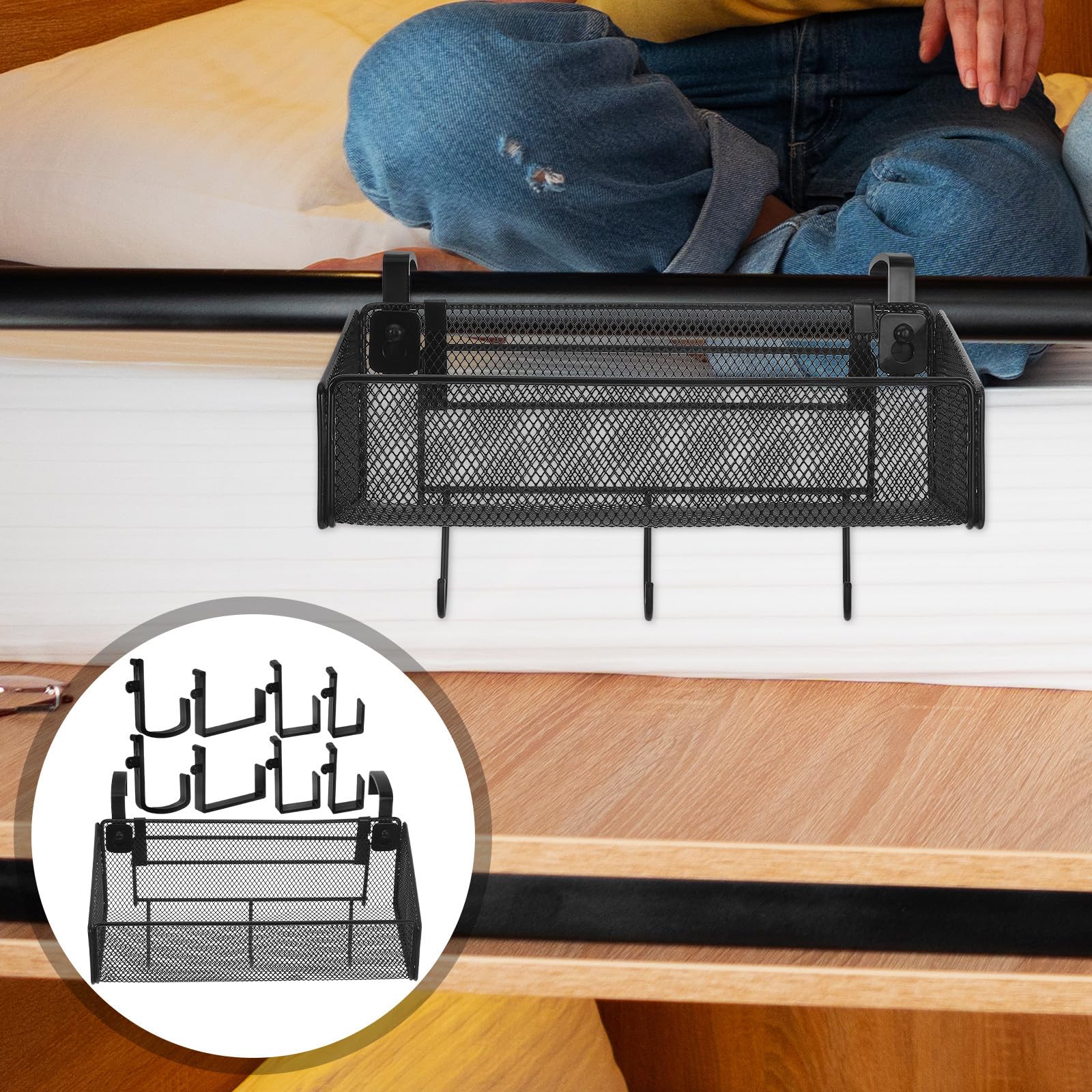 KALLORY Metall Aufbewahrungskorb zum Aufhängen mit 5 Paar Abnehmbaren Haken Atmungsaktives Design Vielseitiger Organizer für Schlafzimmer und Studentenwohnheim