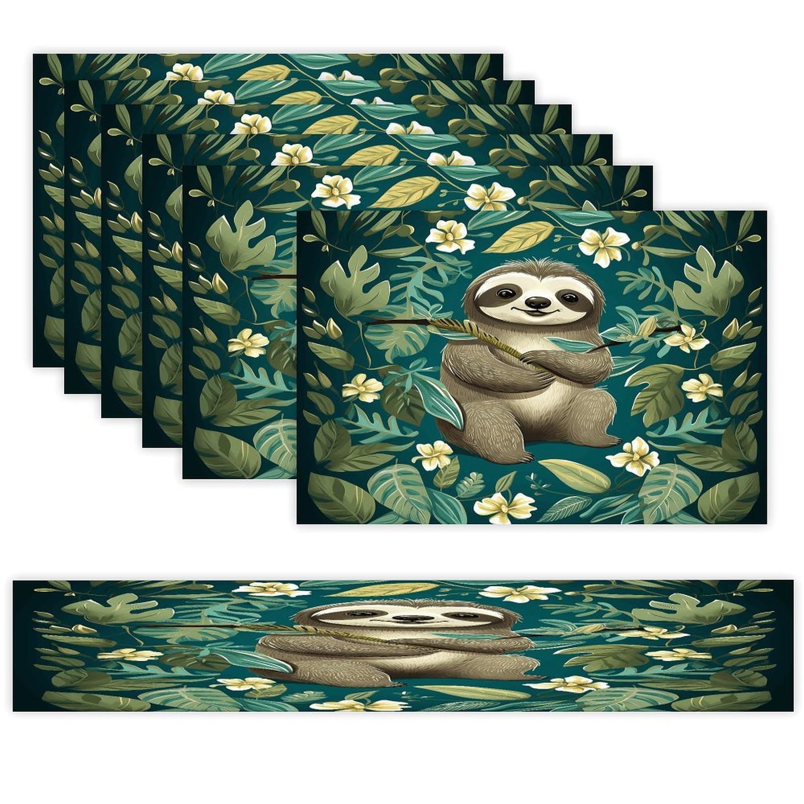 Adorable Sloth Table Runner and Placemats of 6 Washable Heat Resistant Place Mats with Table Runner Vintage Holiday Table Mat Set for Holiday Party Kitchen Dining Deco