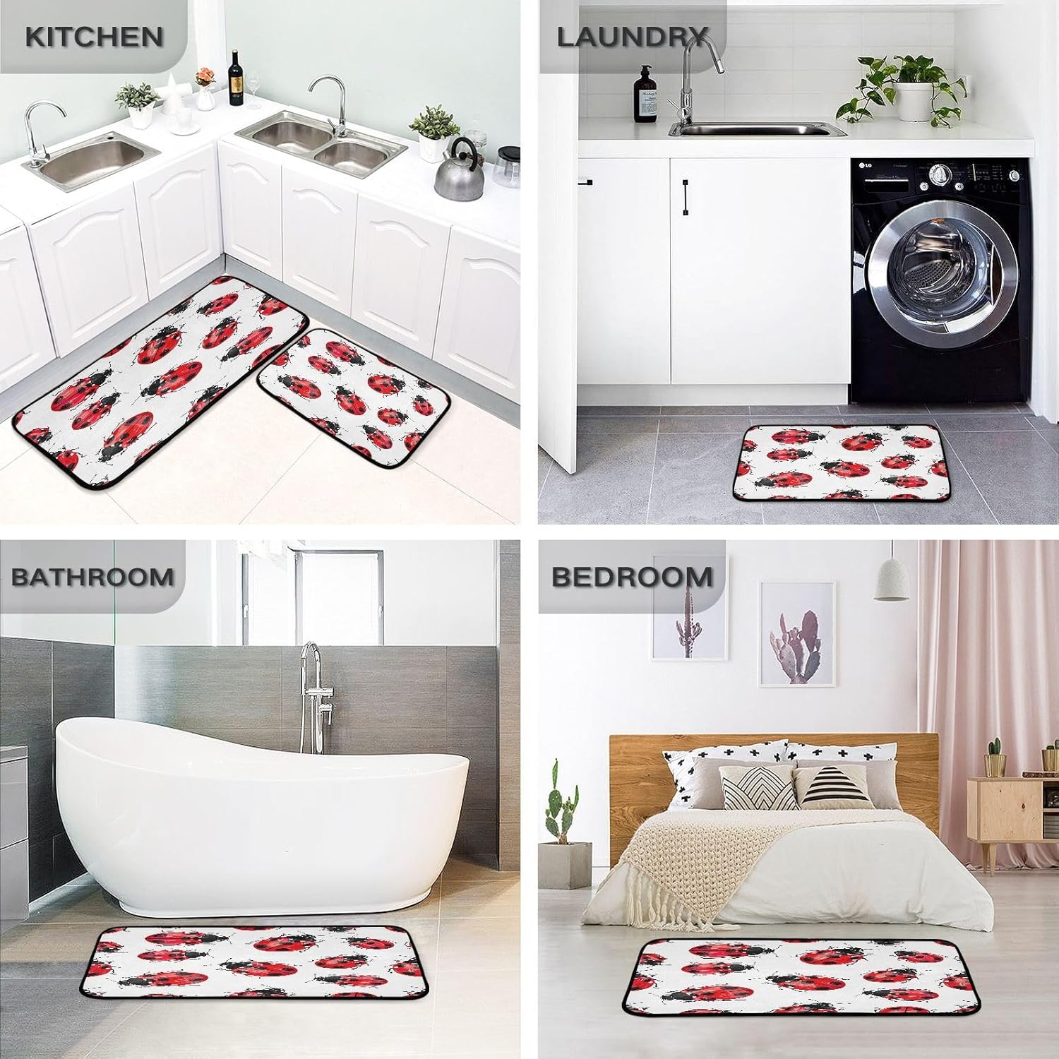 2-Piece Kitchen Rug Set, Lady Bug Pattern Cushioned Comfort Mats Non-Slip Absorbent Washable Rugs for Kitchen Floor