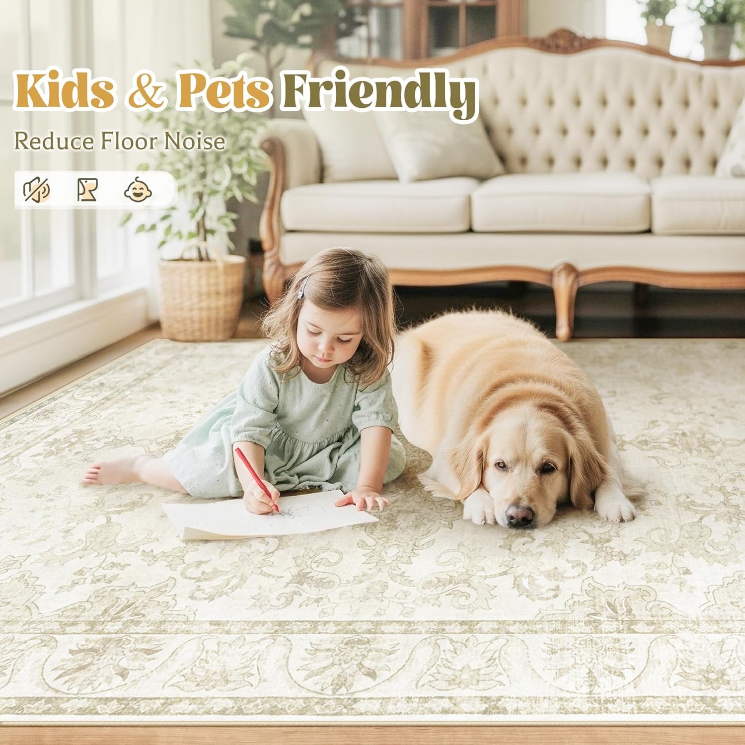 Washable Rug 8x10 Area Rugs: Large Vintage Floral Soft Rug Non Slip Low Pile Stain Resistant Carpet for Living Room Bedroom Dining Room Office Playroom (Beige, 8'x10')