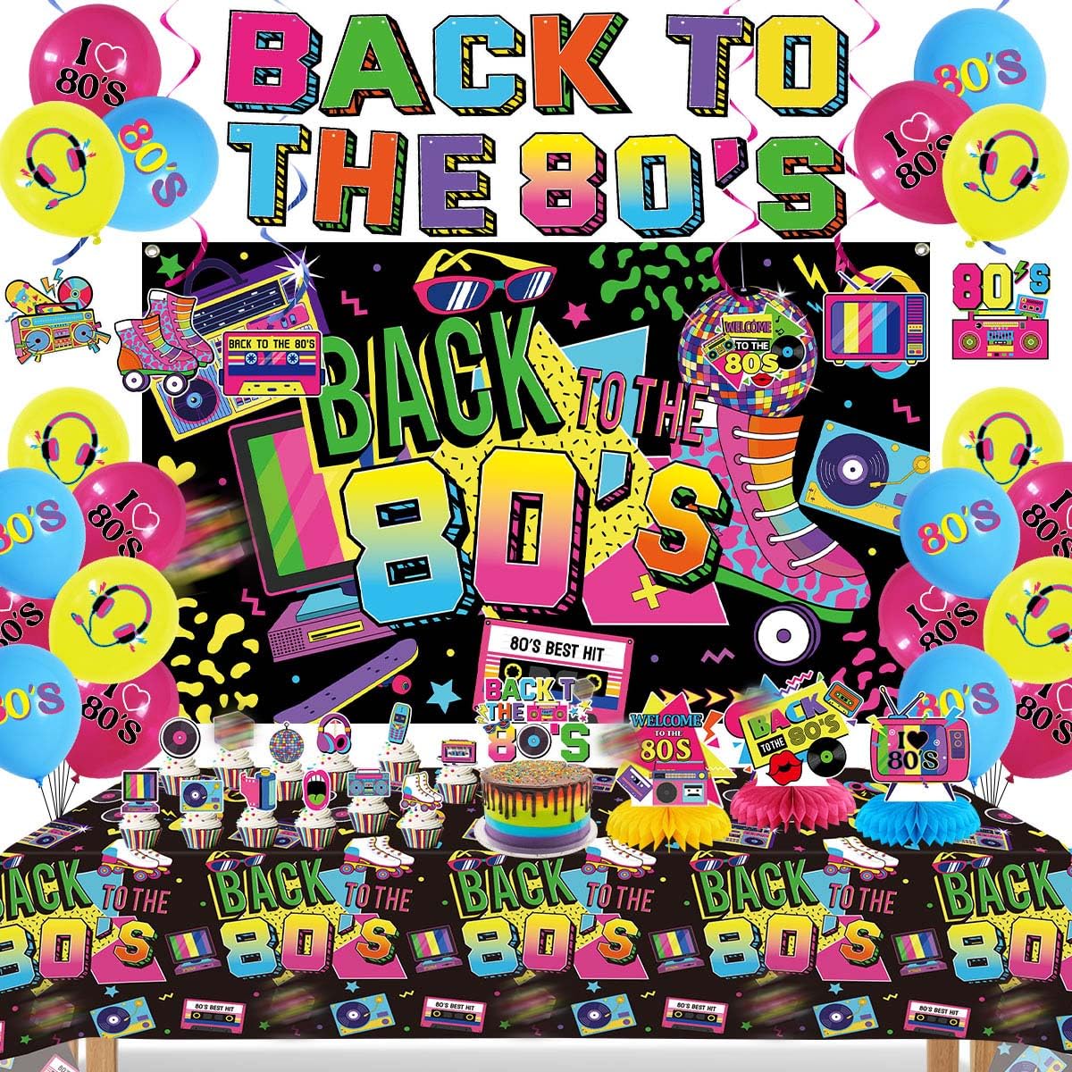 80s Party Decorations Includes Banner, Backdrop, Honeycomb Centerpieces, Hanging Swirls, Tablecloth, Cake Toppers for 80s theme party decorations