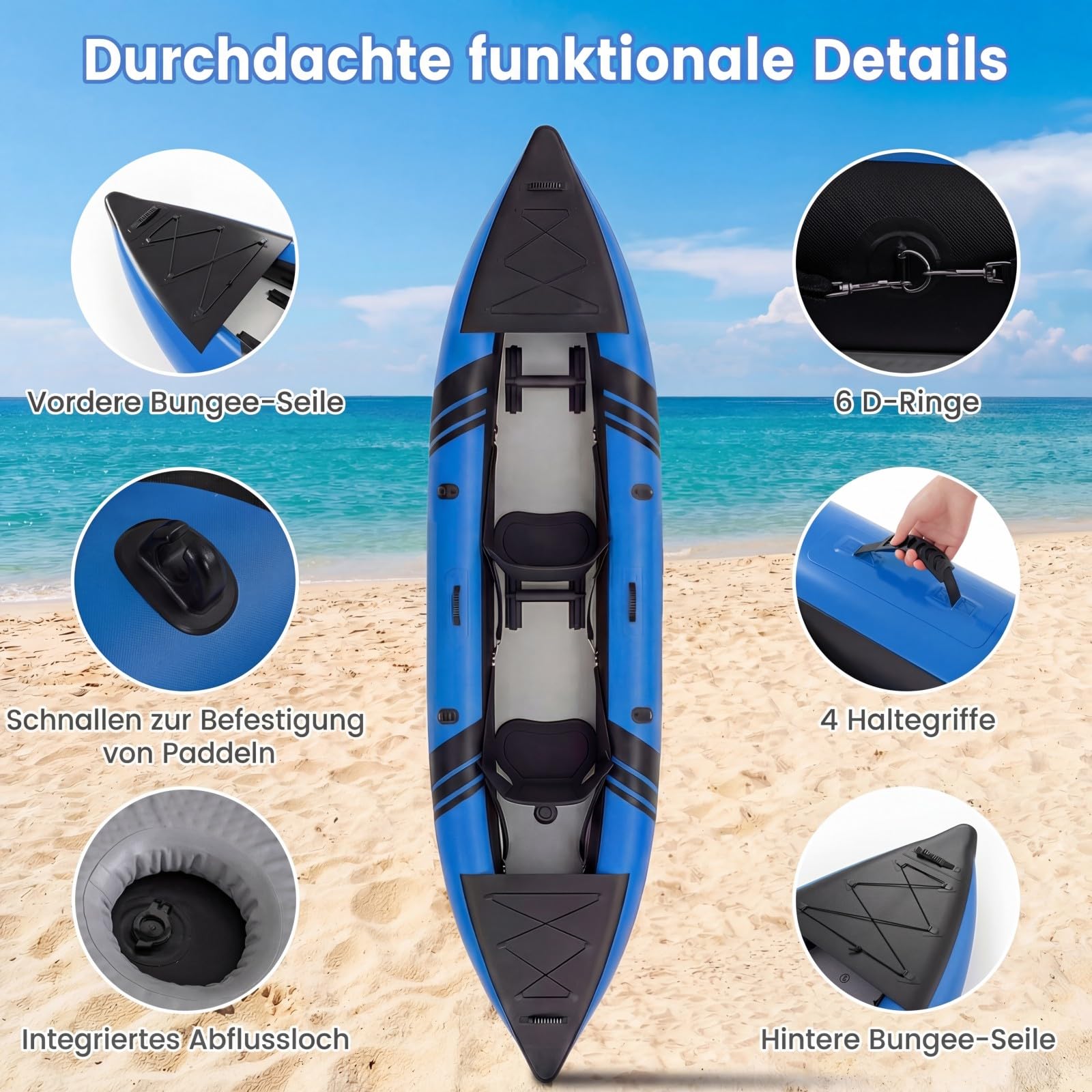 COSTWAY Kajak aufblasbar 2 Personen, aufblasbares Kanu mit Aluminiumrudern, gepolstertem Eva-Sitz, Handpumpe und Reparaturset, Schlauchboot mit Tragetasche, 230 kg Gewichtskapazität