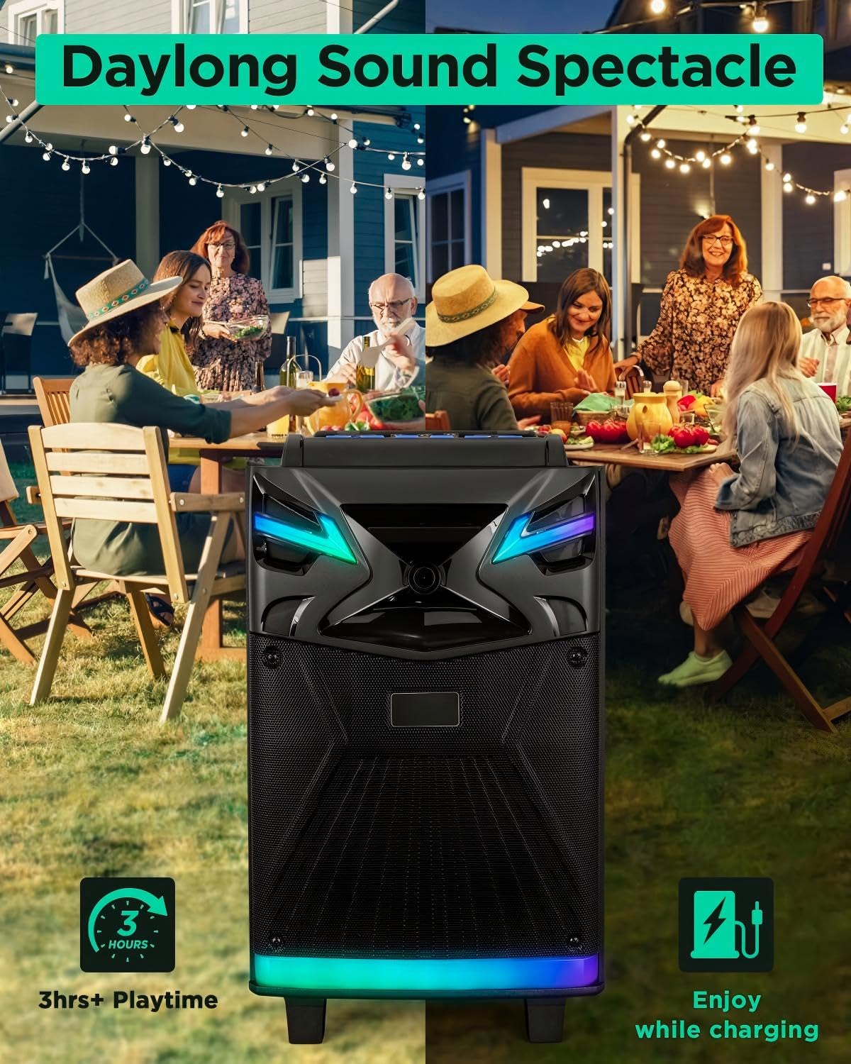 DSP Altavoz Karaoke Portátil, 2 Micrófonos Inalámbricos, Sistema PA 10", Auriculares incluidos, Luz de Fiesta DJ/Efectos de Sonido/Bluetooth/Luces DJ/FM/USB-C GTSK10-1