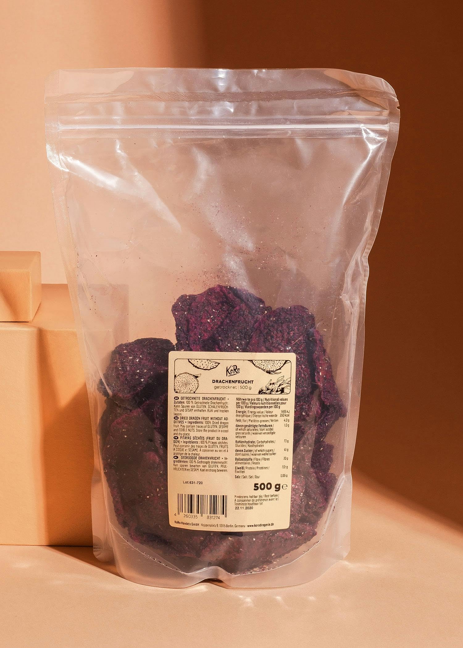KoRo - Pitaya essiccata 500 g - Frutto del drago essiccato, senza zucchero, frutta esotica disidratata, snack senza conservanti, 100% naturale