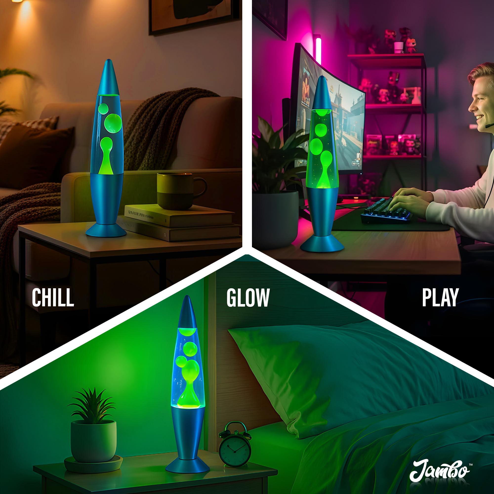 Jambo Hermosa lámpara de Movimiento líquido con Cera Que Fluye como Lava | Entretenimiento para Adultos, Adolescentes y niños (Base Azul, líquido Azul, Cera Amarilla, 16")