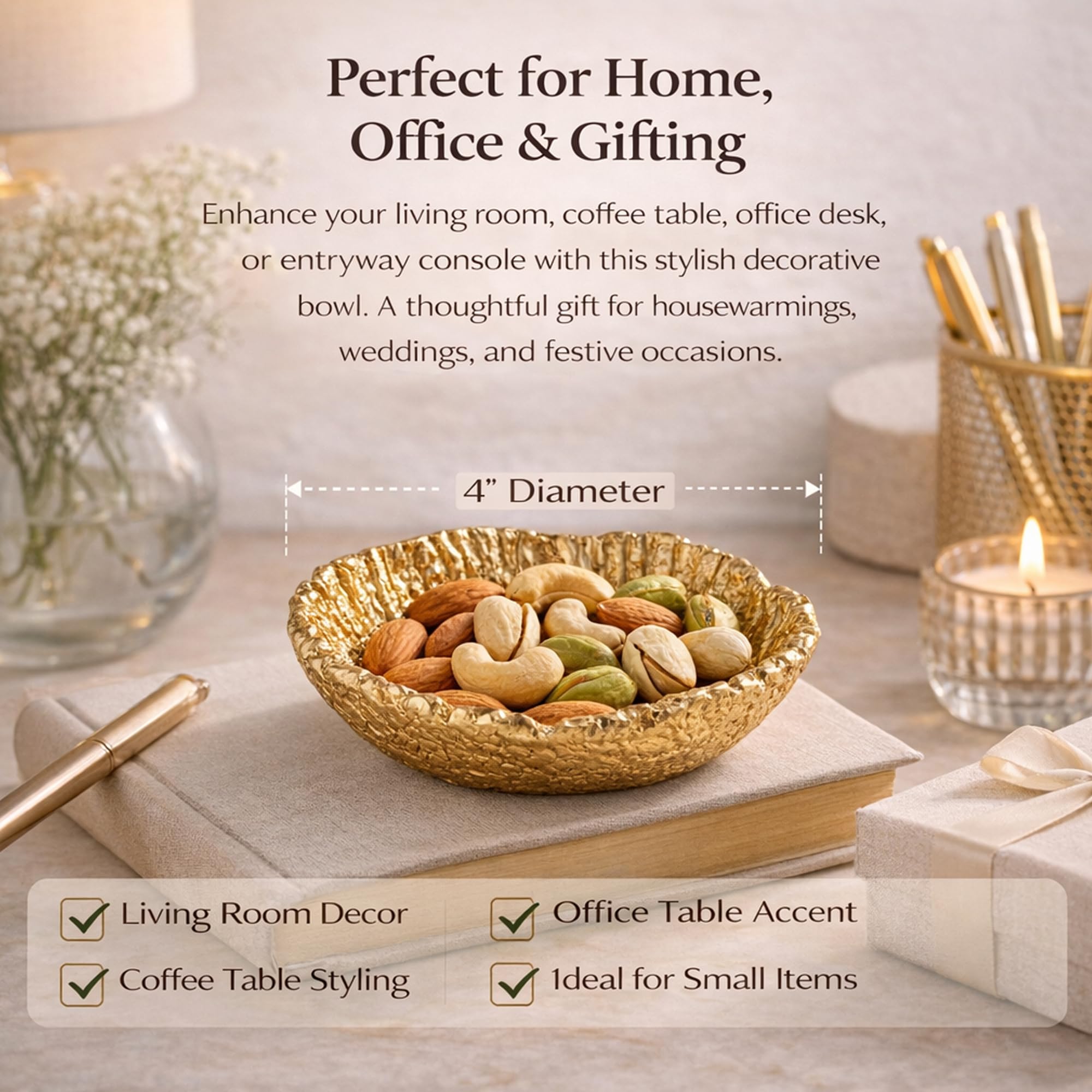 Serein 2PCS Golden Glossy Embossed Aluminium Bowl Decorative Dry Fruit Serving Tabletop Accent Dining Setup & Home Styling Decorative Tray for Home Decor Dining, Center Table & Festive Use - 4 Inch 4