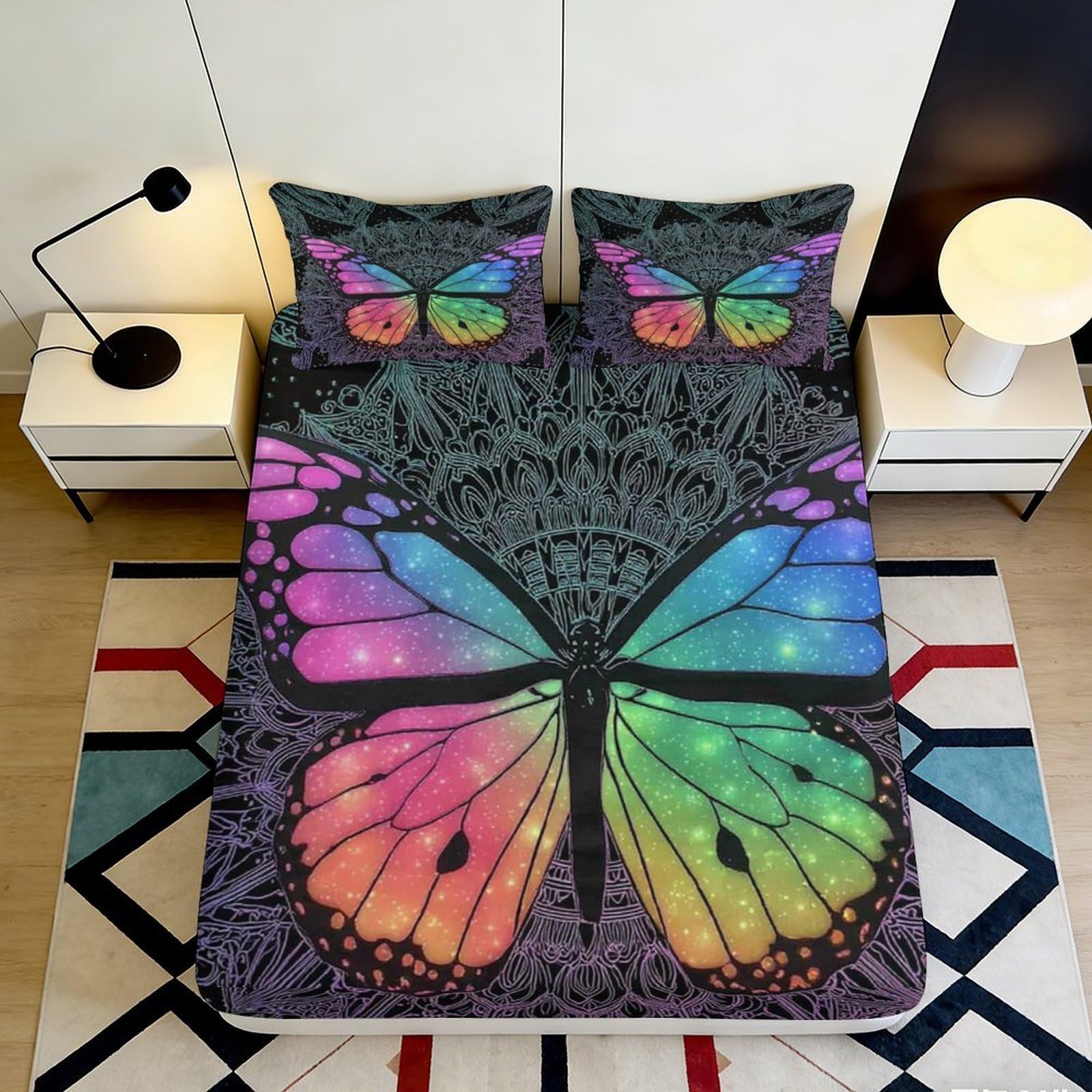 3D Printed Rainbow Butterfly Fitted Sheet Microfiber Soft Breathable Mandala Mattress Cover for Bedroom Dorm Decor 160x200x25cm
