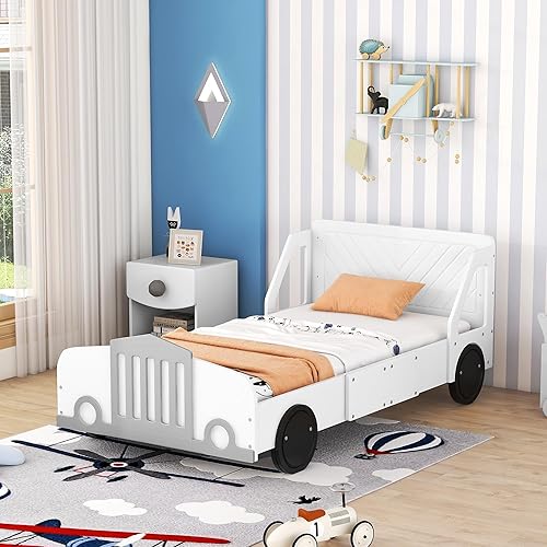 Miniatura 62 de Cama de plataforma en forma de auto de carreras con ruedas, cama de plataforma de madera tamaño individual con barandilla, cama de plataforma para