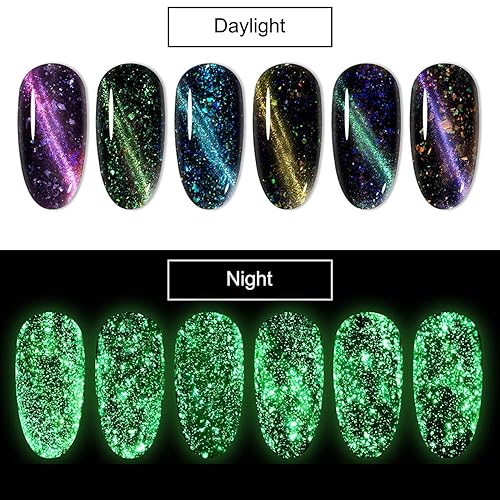 Miniatura 2 de Juego de esmaltes de gel de ojo de gato, magnético que brilla en la oscuridad, juego de 6 colores con imán (sin esmalte de gel de color negro)